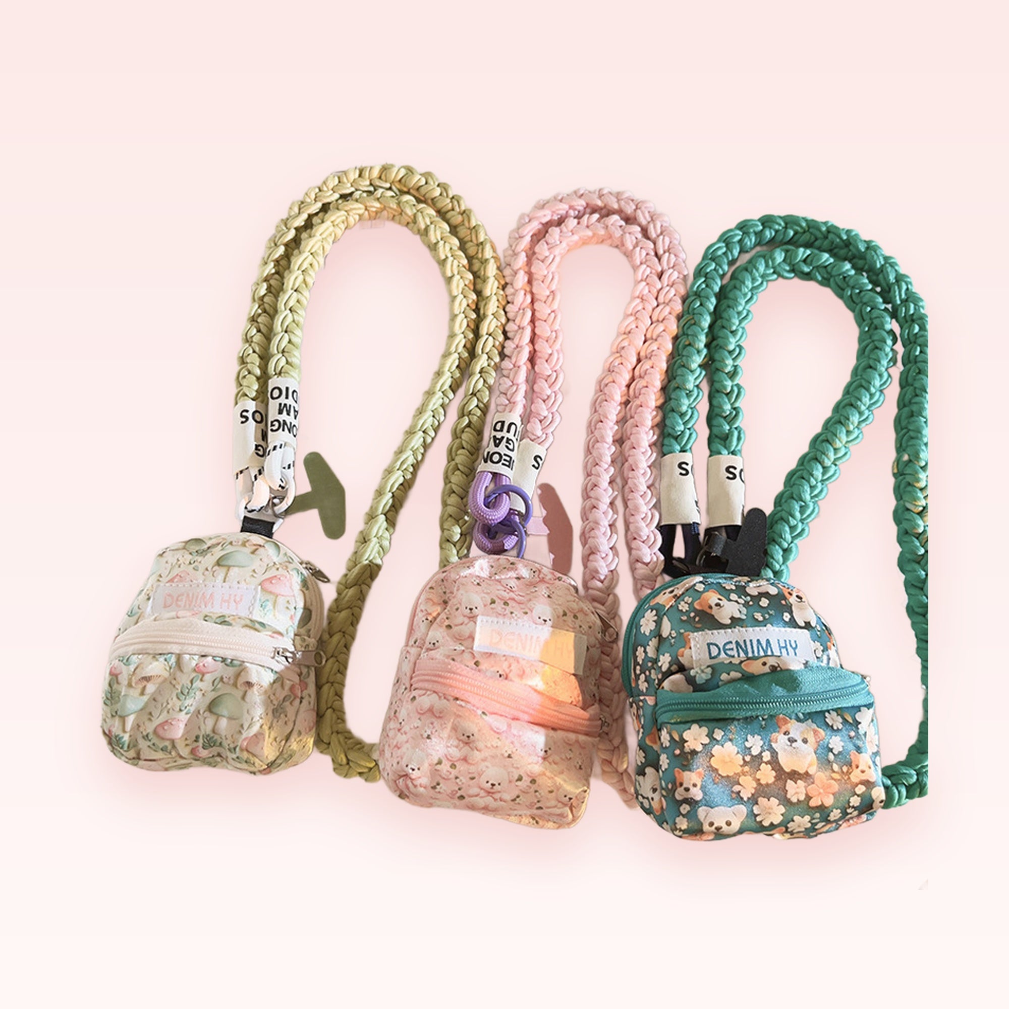 Kawaii Mini Backpack Phone Charm Lanyard | Braided Strap with Cute Patterned Pouch