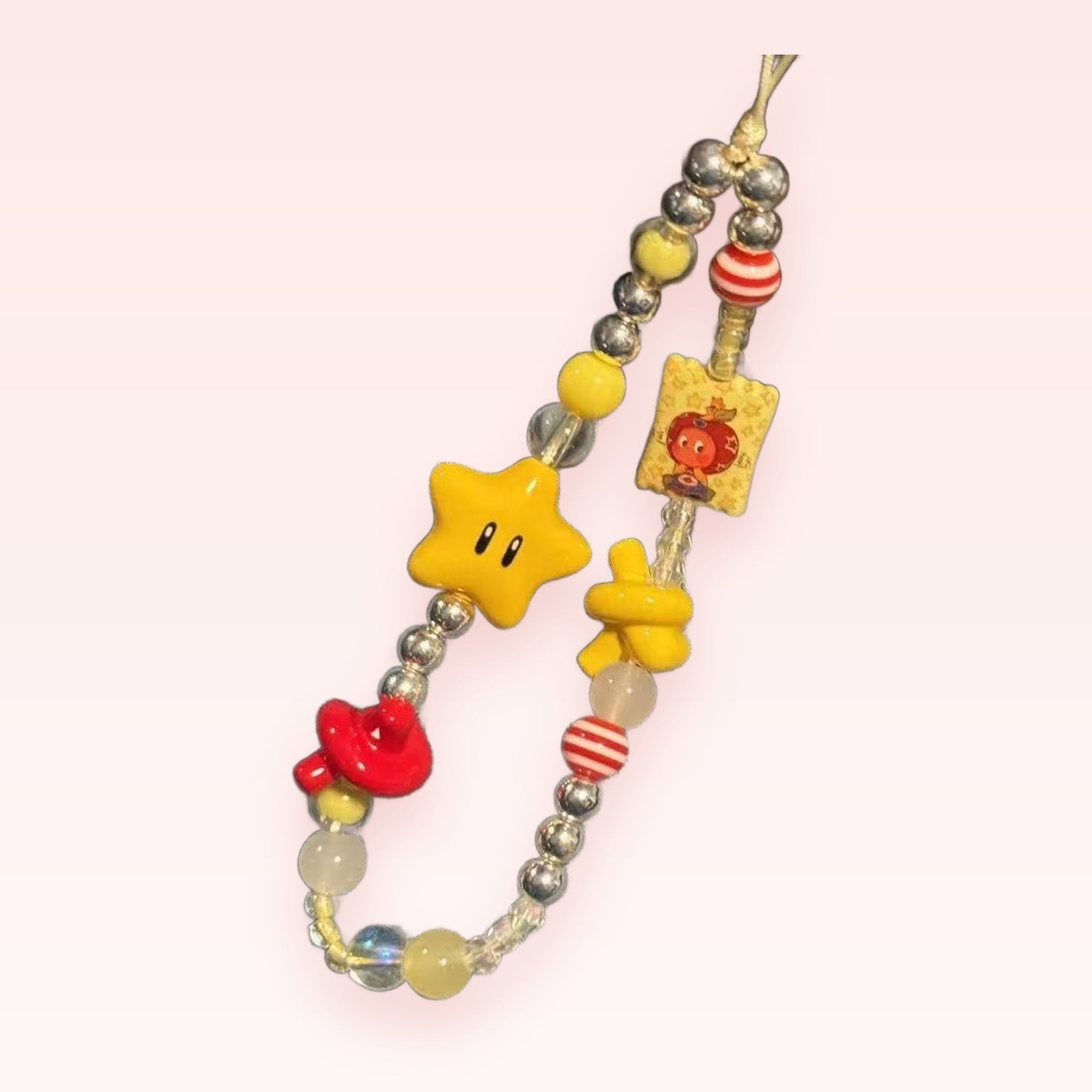 Kawaii Mario Star & Apple Phone Charm Strap | Cute Beaded Wrist Lanyard