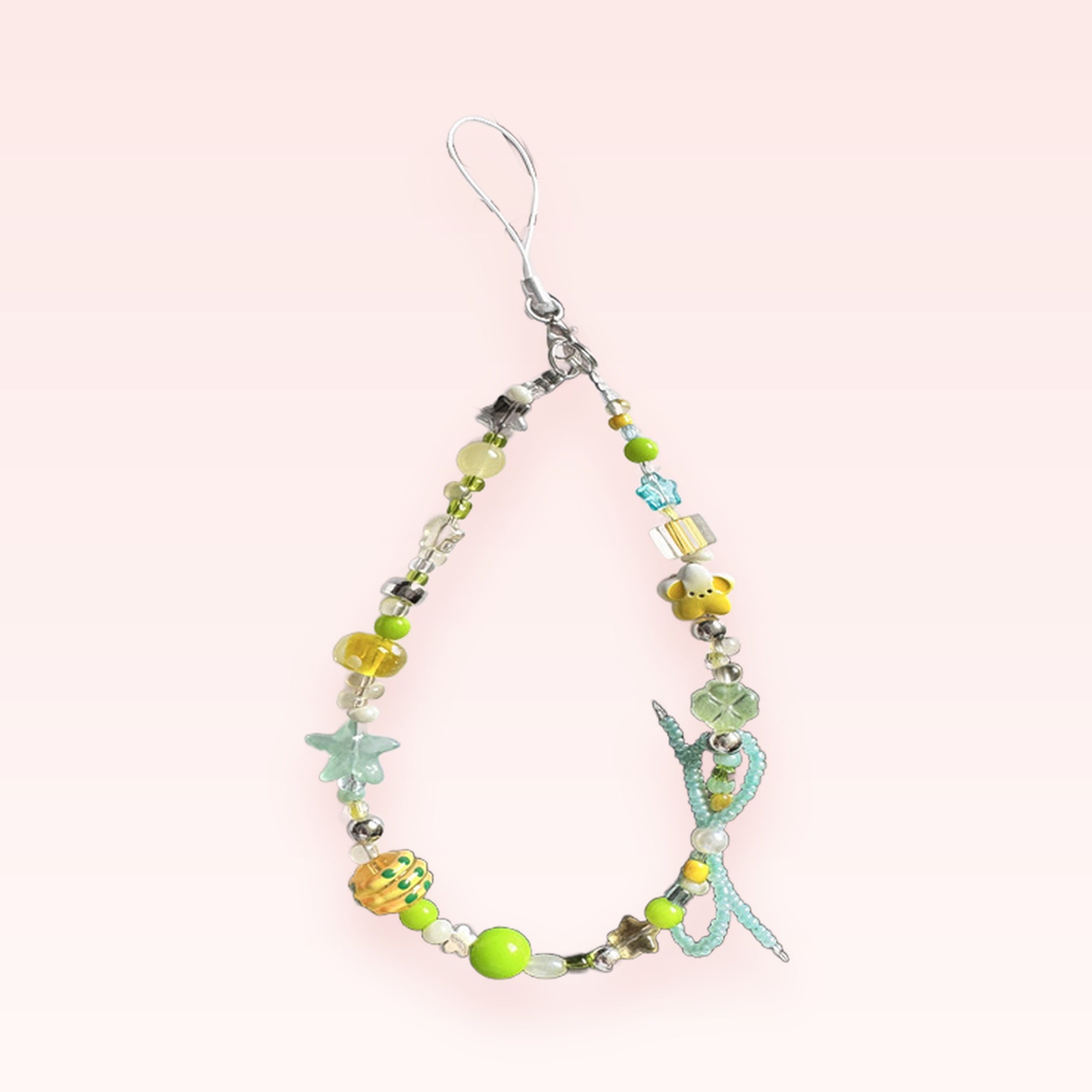 Kawaii Green & Yellow Beaded Phone Charm | Cute Star & Bear Wrist Strap