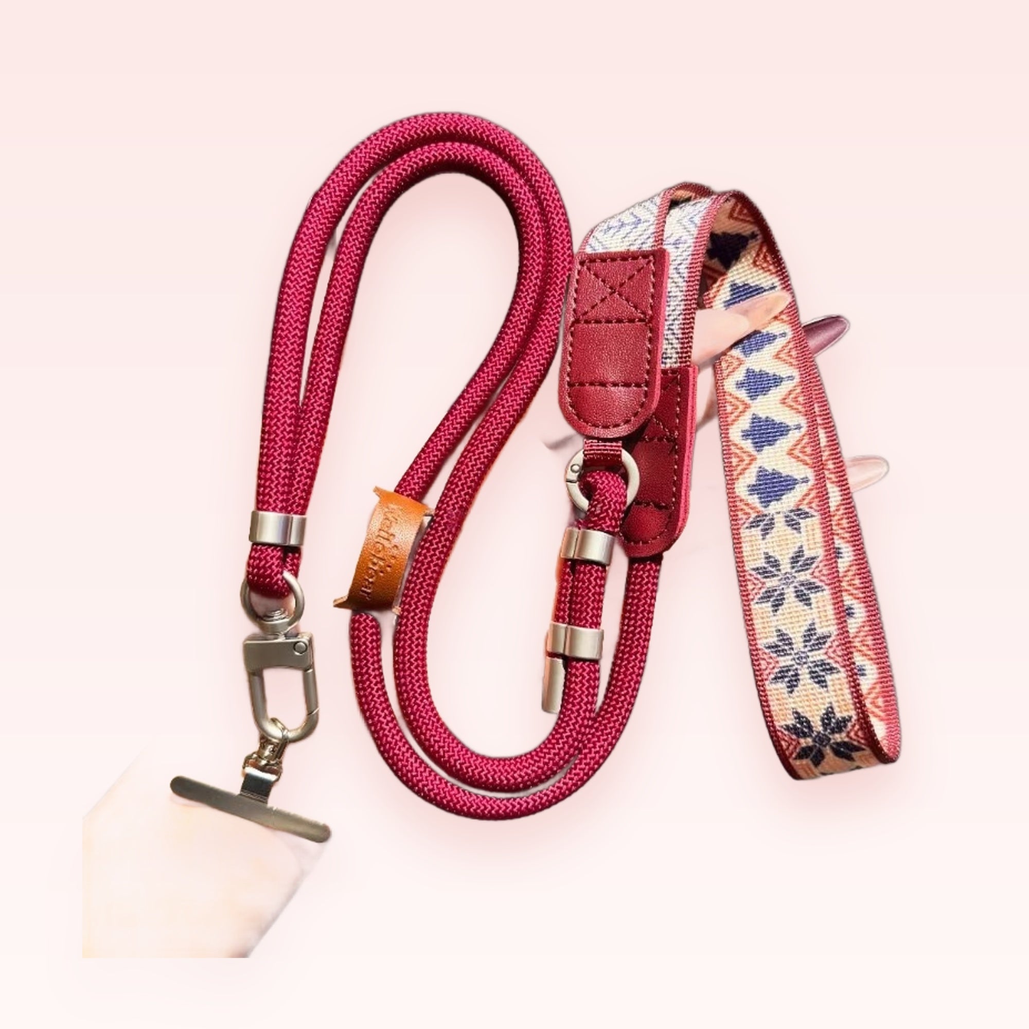Maroon Rope & Embroidered Fabric Phone Lanyard | Aesthetic Crossbody Strap