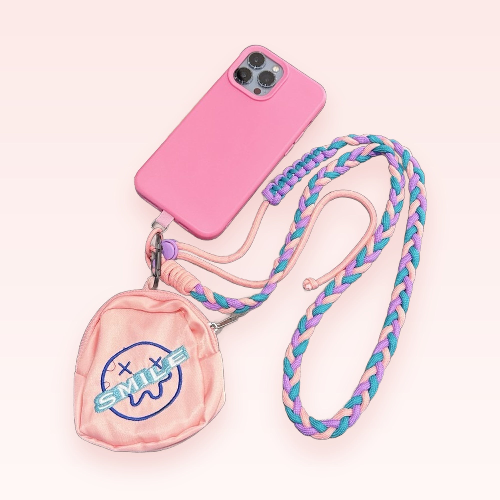 Pink Phone Case with Braided Lanyard & Mini Pouch | Kawaii Crossbody Phone Charm