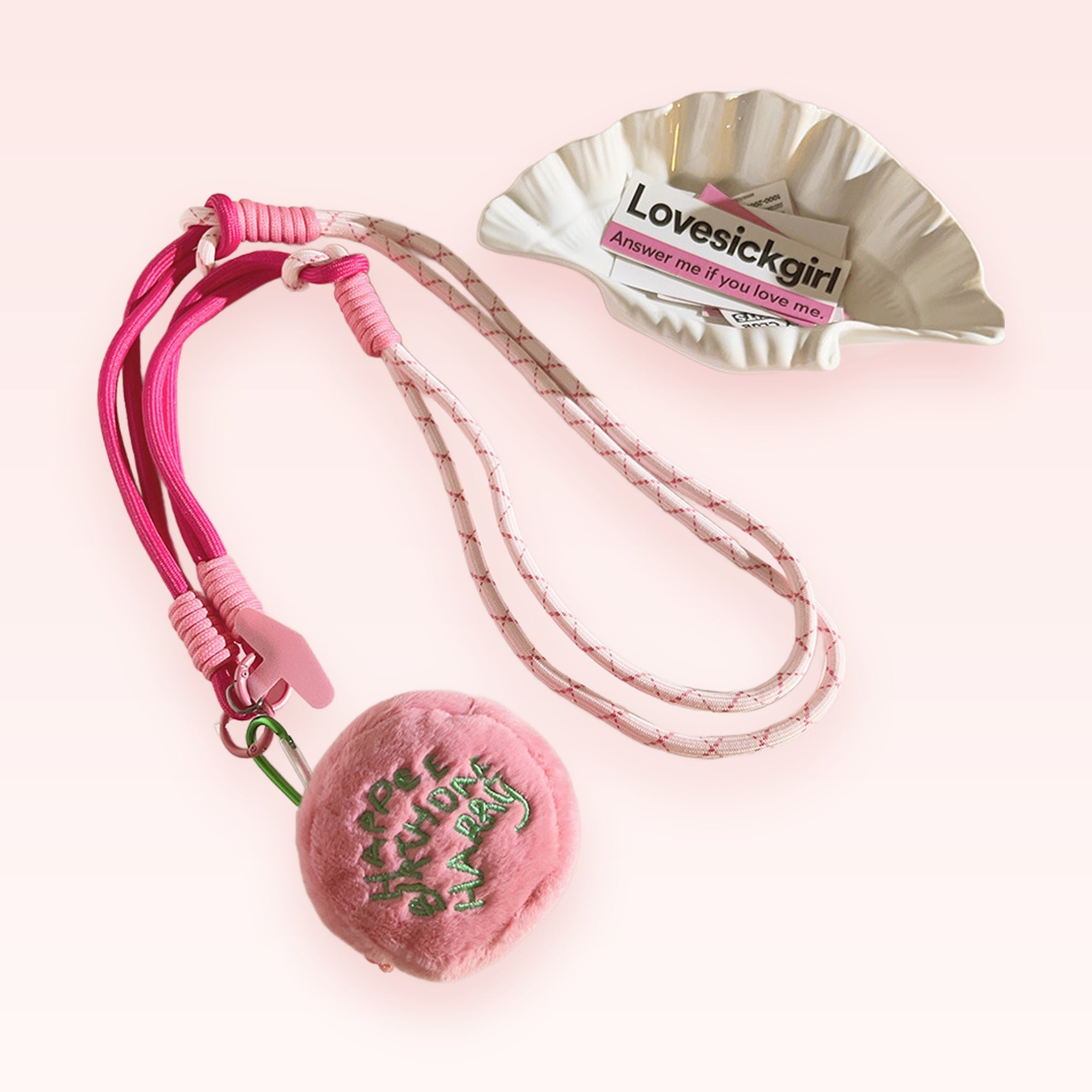 Pink & White Rope Phone Lanyard | Cute Fluffy Ball Charm Strap