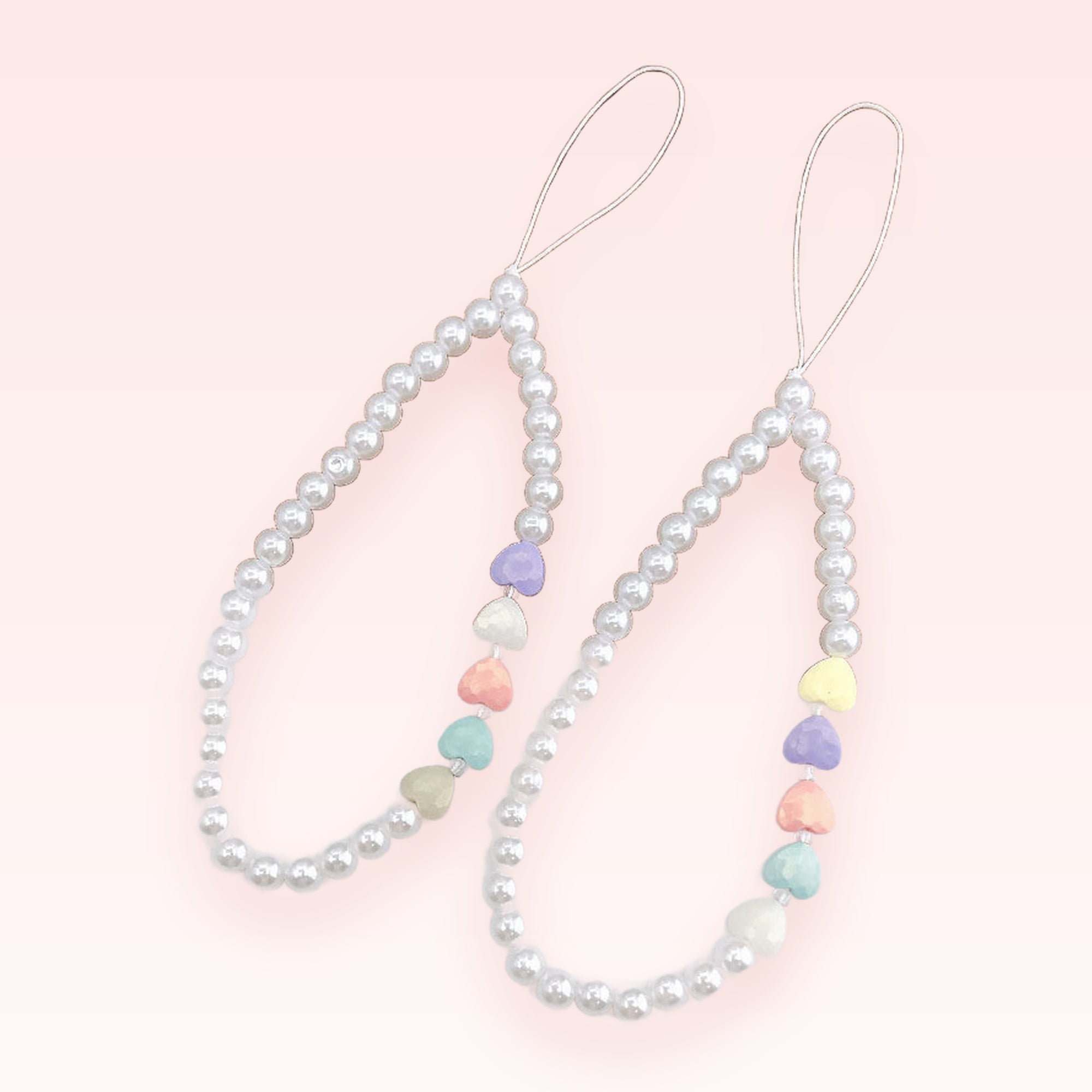 Kawaii Pearl & Pastel Heart Phone Charm Strap | Cute Beaded Wrist Lanyard