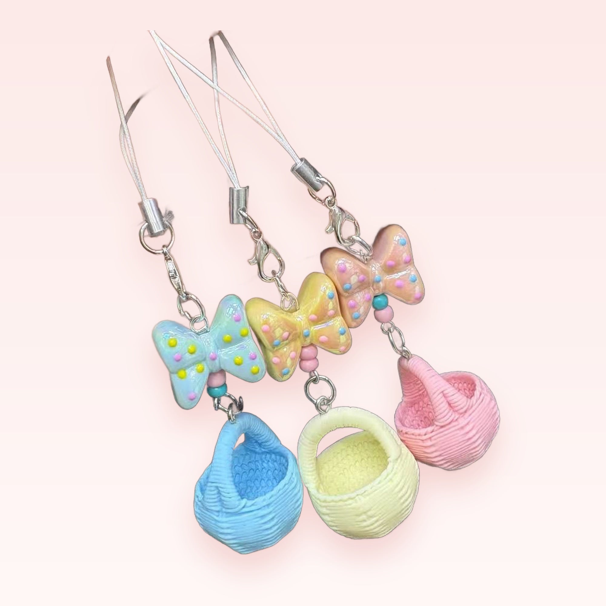 Pastel Bow & Basket Phone Charm | Kawaii Polka Dot Mini Basket Strap