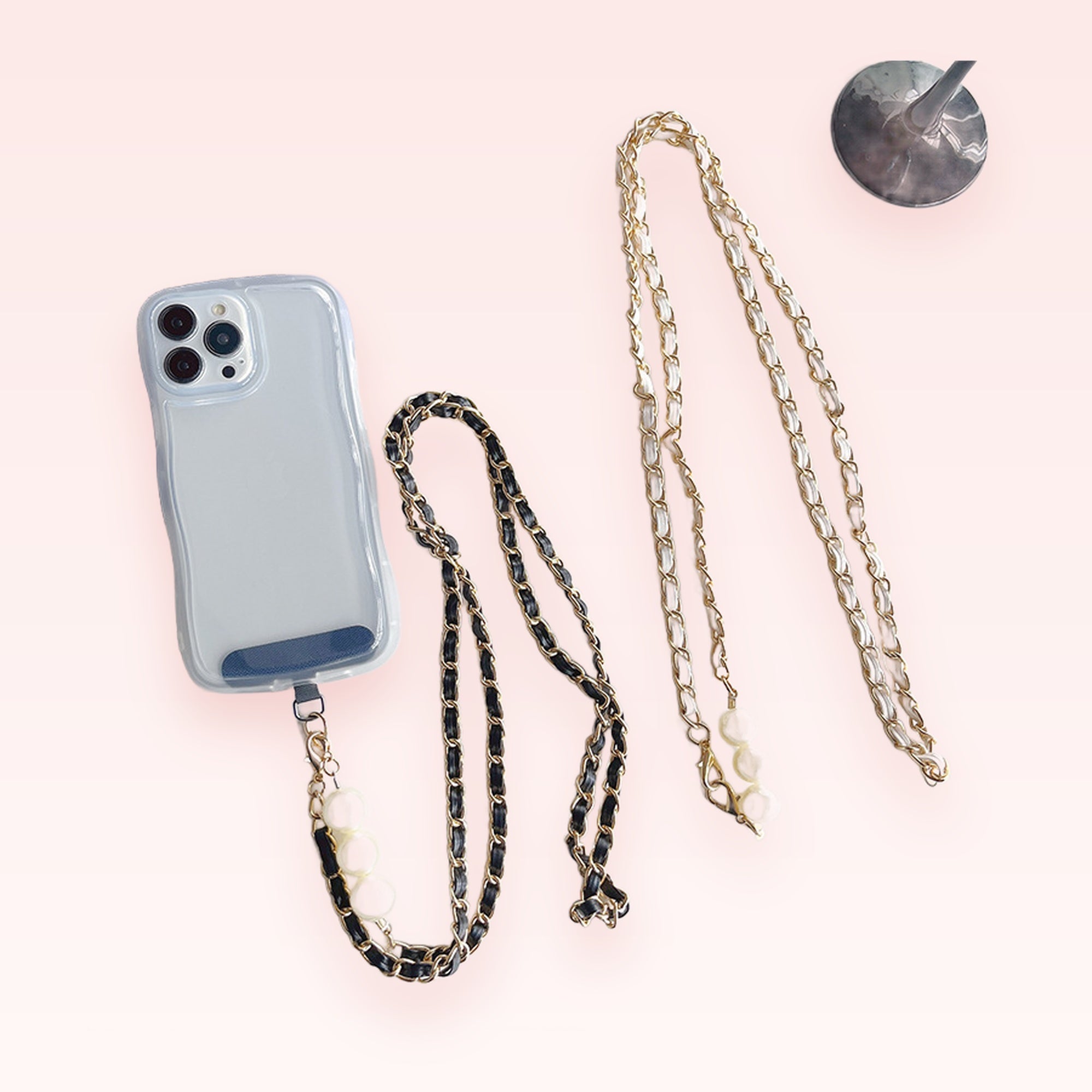 Aesthetic Pearl & Gold Chain Phone Charm Lanyard | Chic Black & White Crossbody Strap