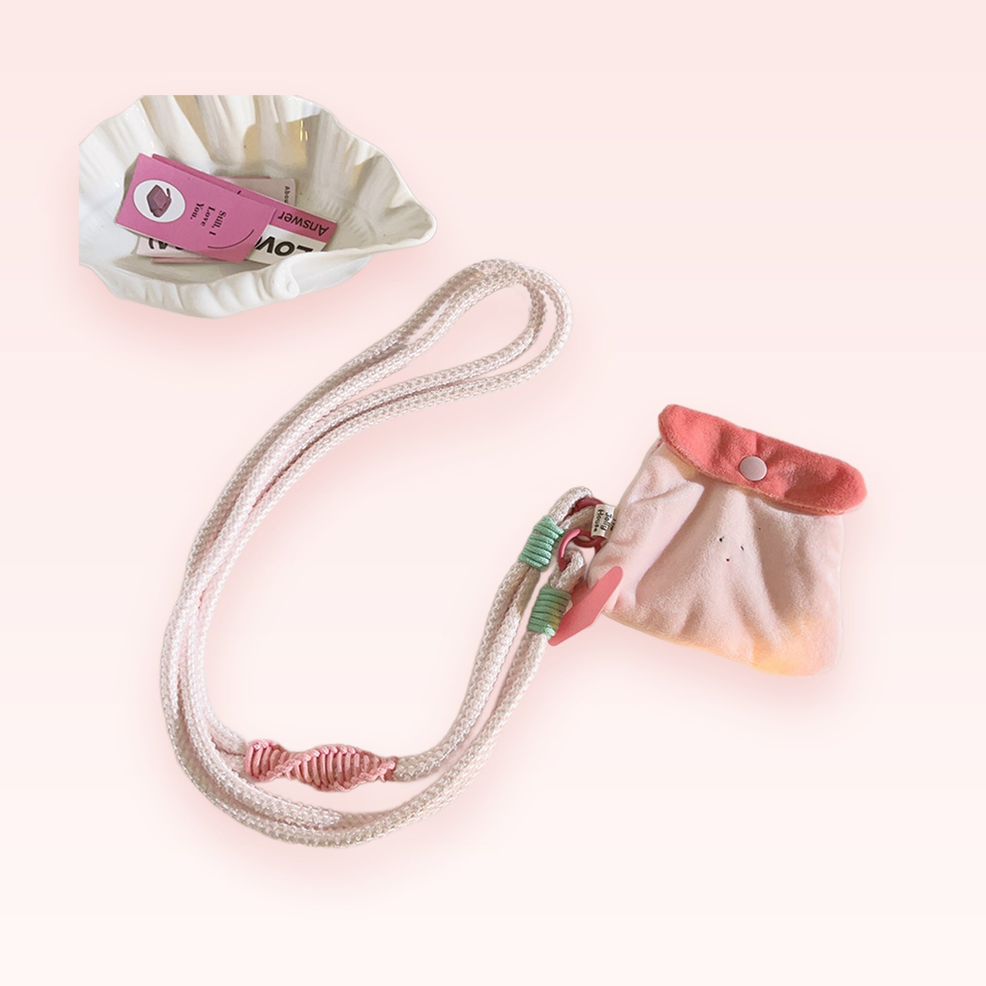 Kawaii Pink Rope Phone Lanyard with Plush Pouch | Aesthetic Crossbody Phone Strap