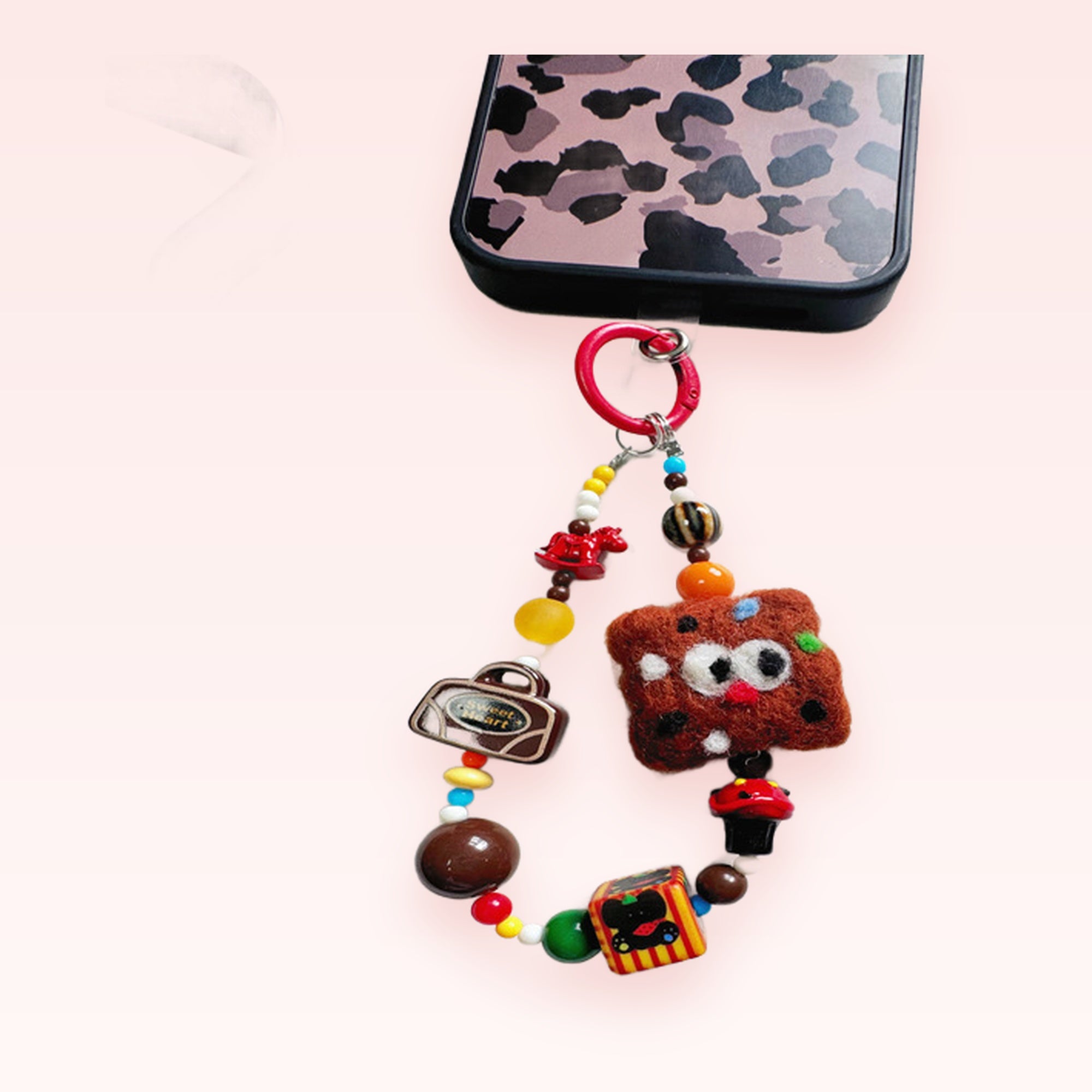 Kawaii Beaded Phone Charm Strap | Cute Brown Felt Character Wrist Lanyard