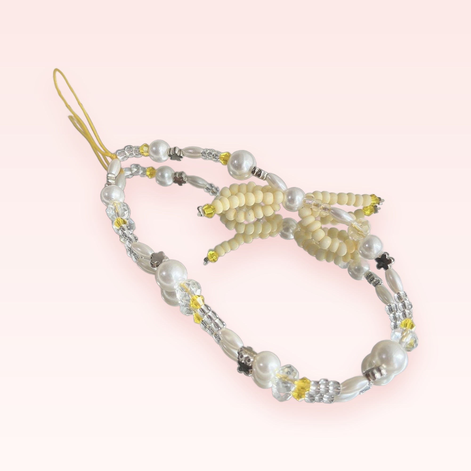 Cute Pearl & Clear Bead Phone Charm | Yellow Corn & Flower Beaded Wrist Strap