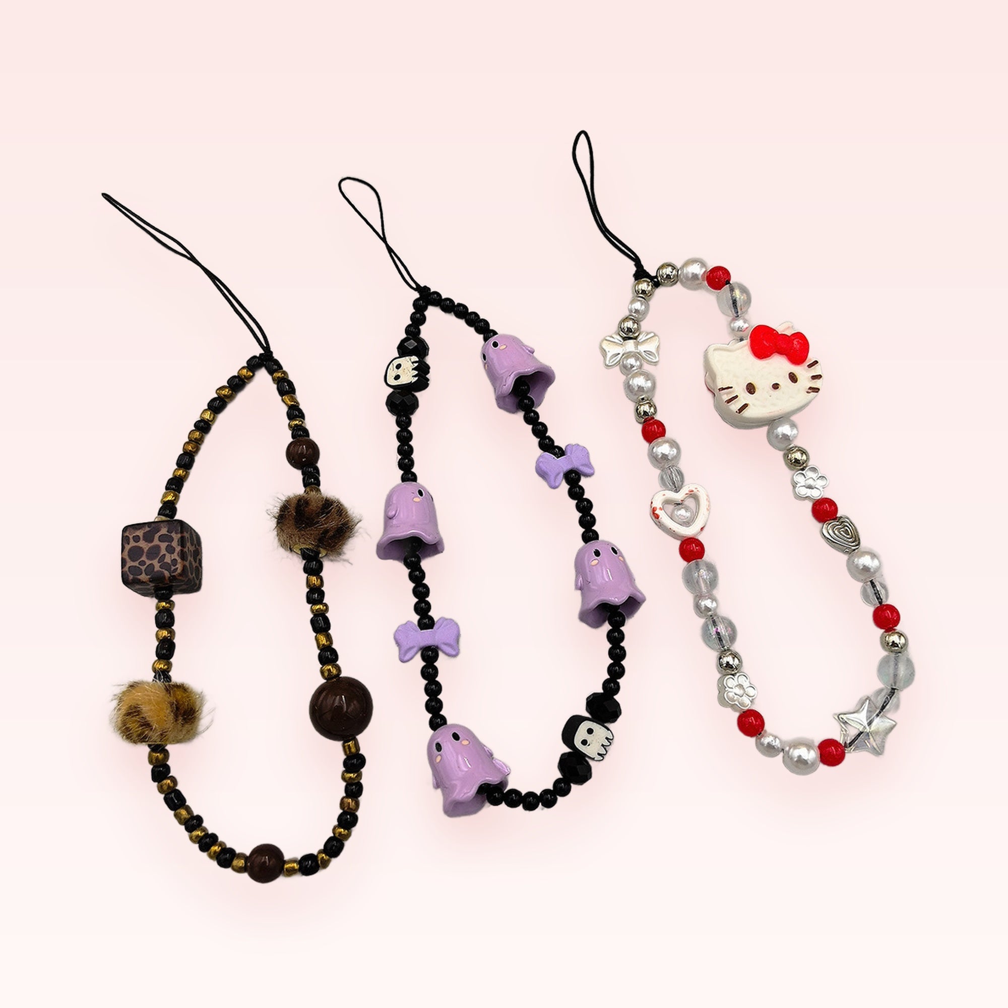 Aesthetic Beaded Phone Charm Set | Kawaii Ghost, Leopard Print & Hello Kitty Wrist Straps