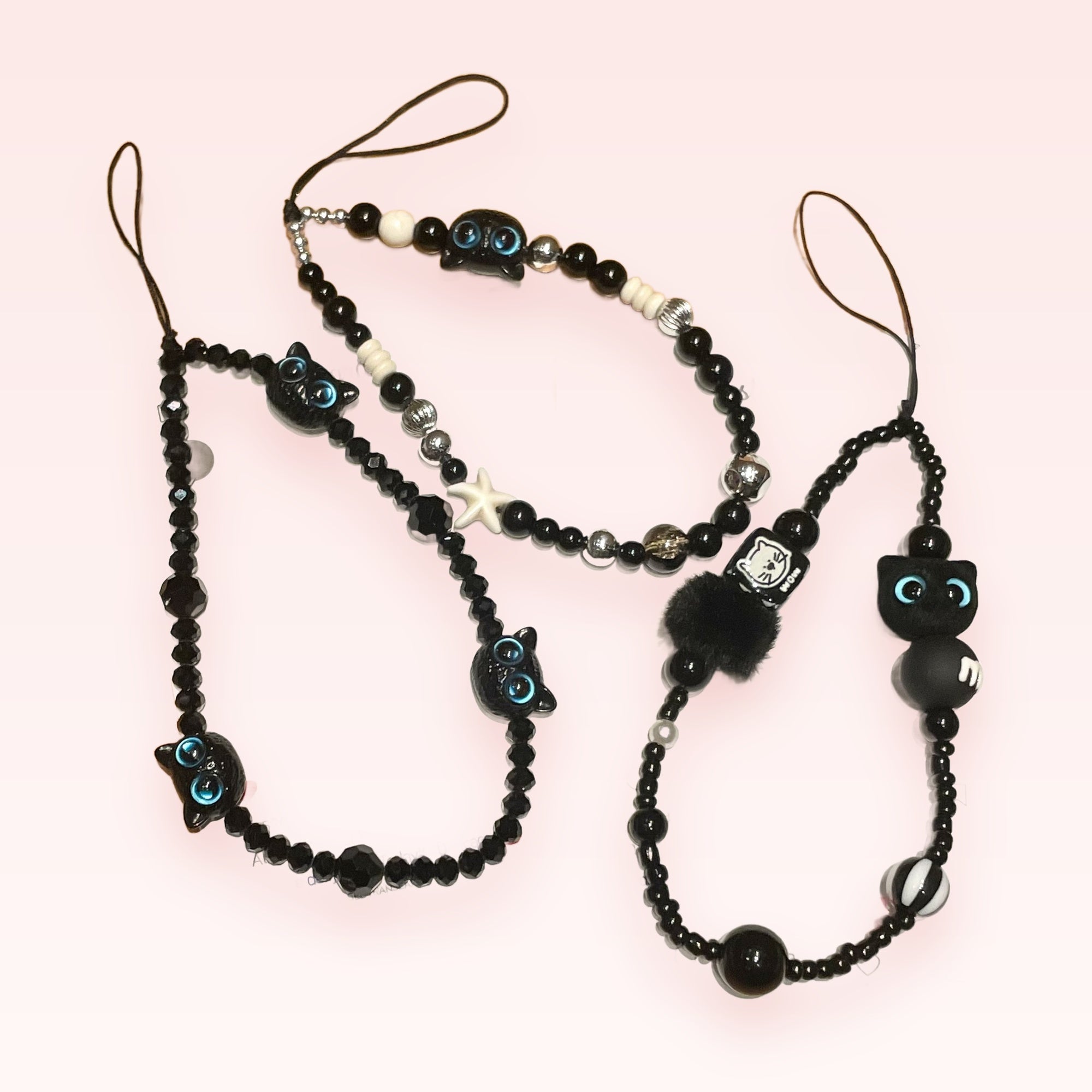 Kawaii Black Cat Beaded Phone Charm Strap | Cute Y2K Wrist Lanyard