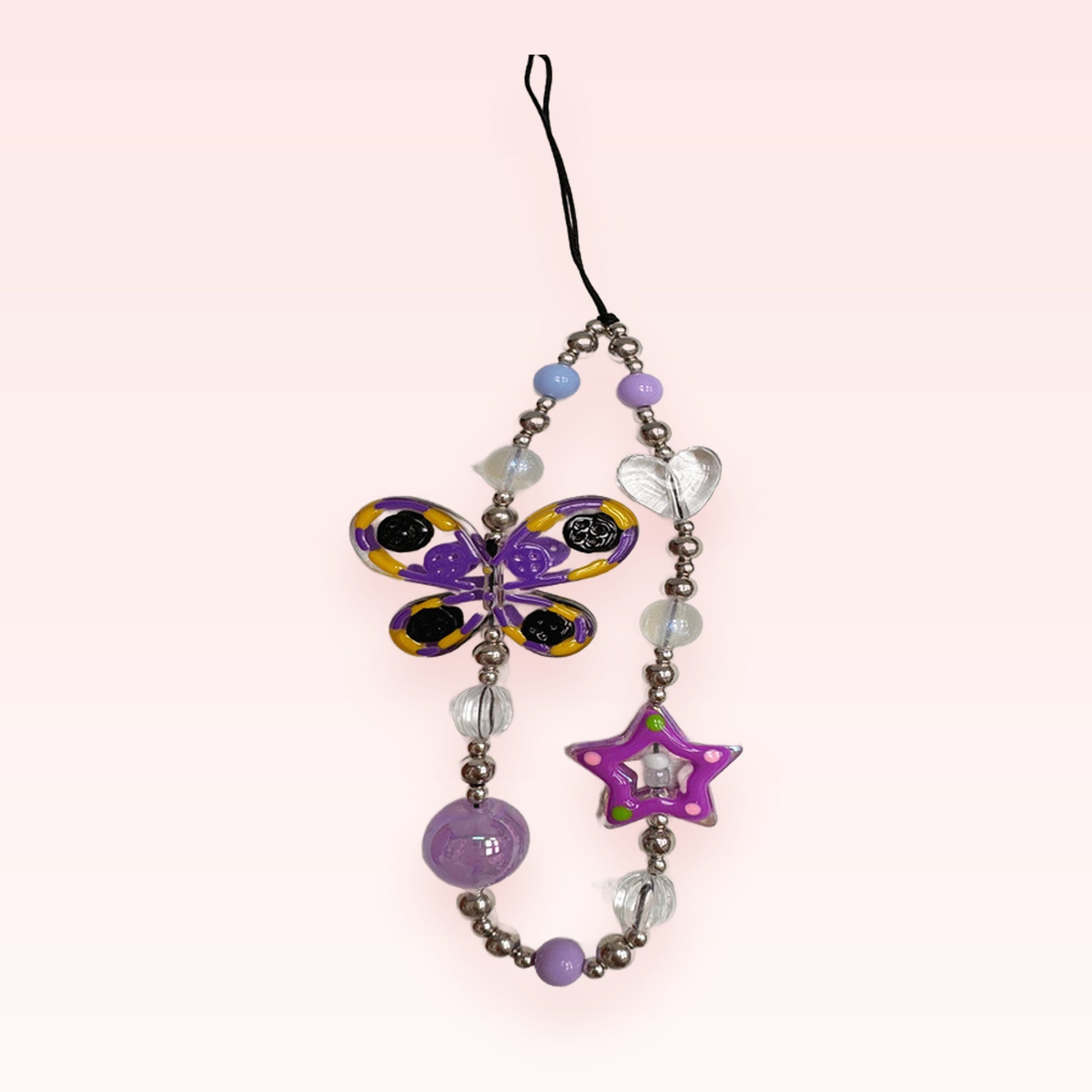 Kawaii Purple Butterfly & Star Phone Charm | Pastel Beaded Wrist Lanyard