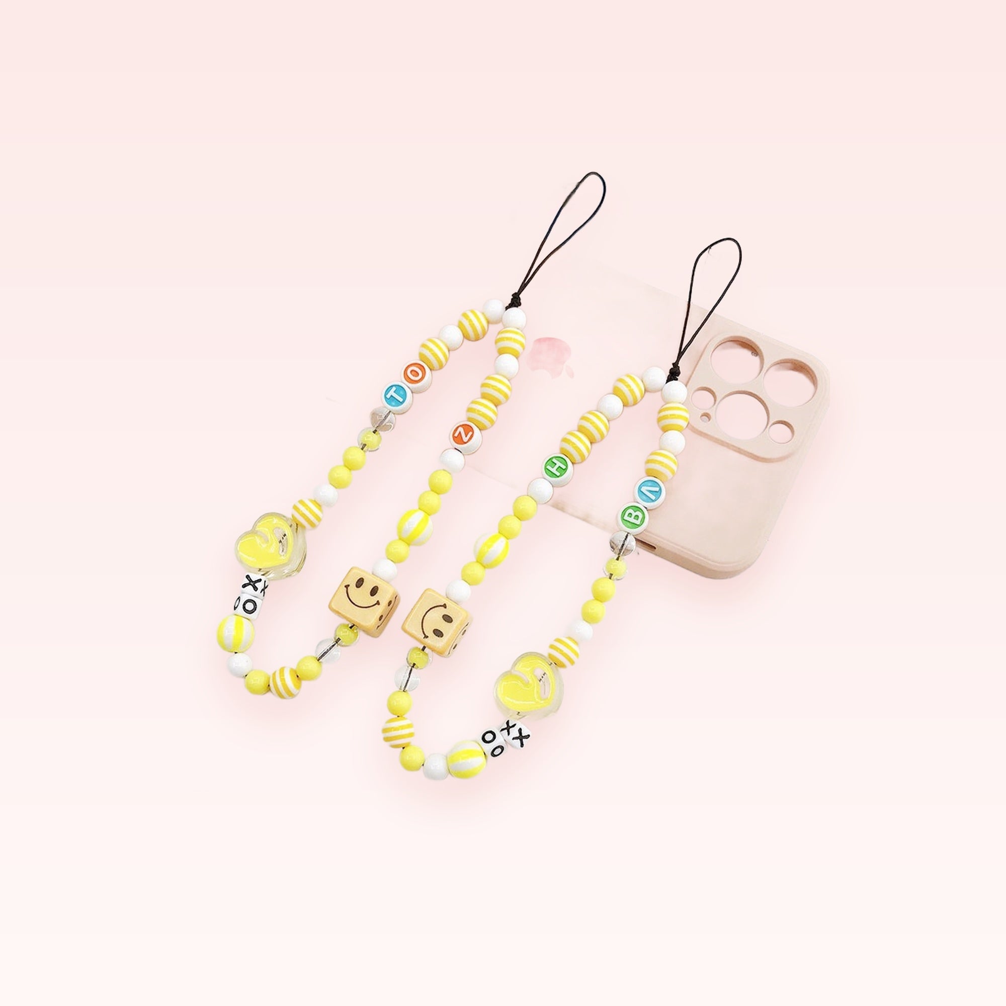 Kawaii Yellow & White Beaded Phone Charm | Cute Smiley Face & Heart Wrist Strap