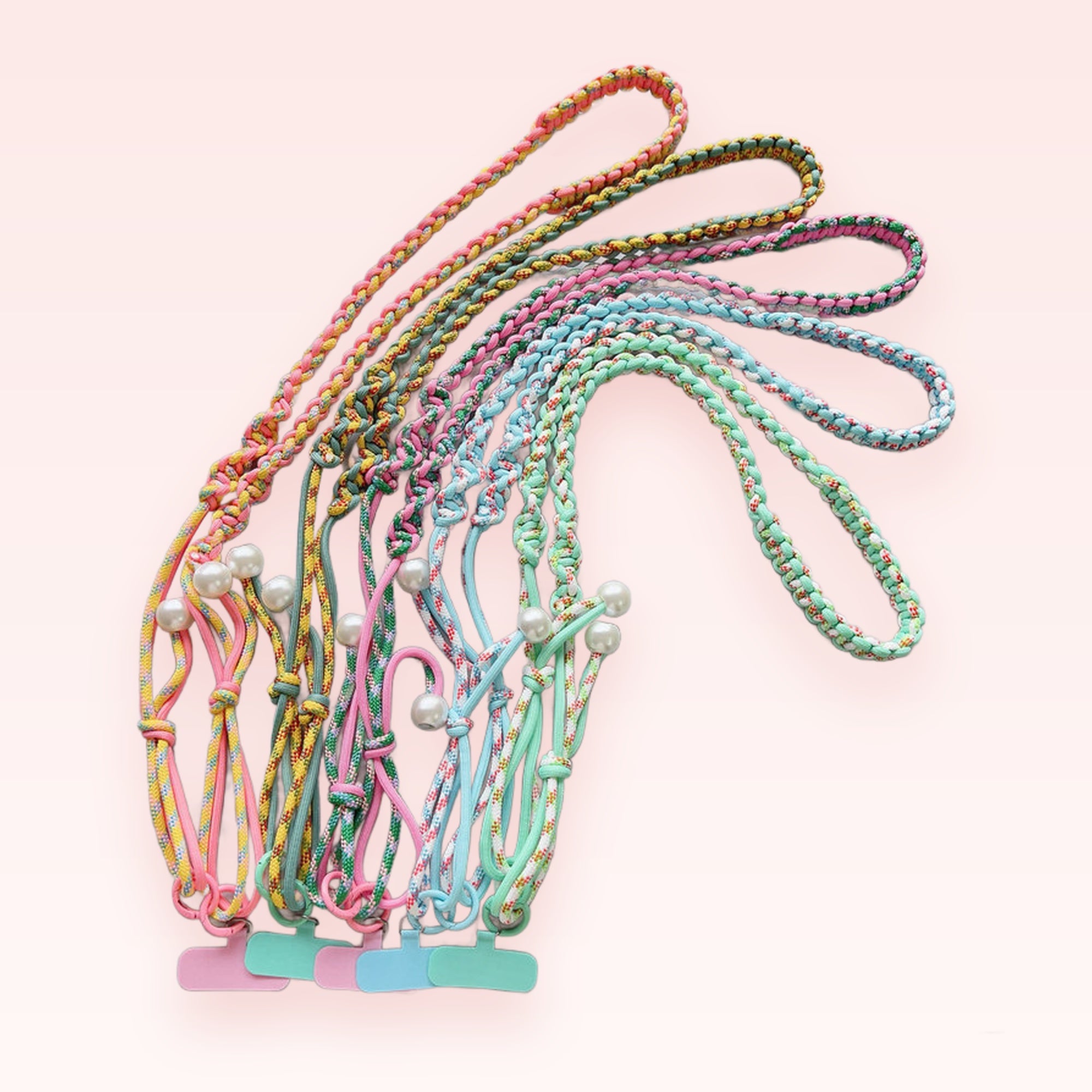 Kawaii Braided Rope Phone Lanyard with Pearl Accents | Pastel Macrame Phone Strap