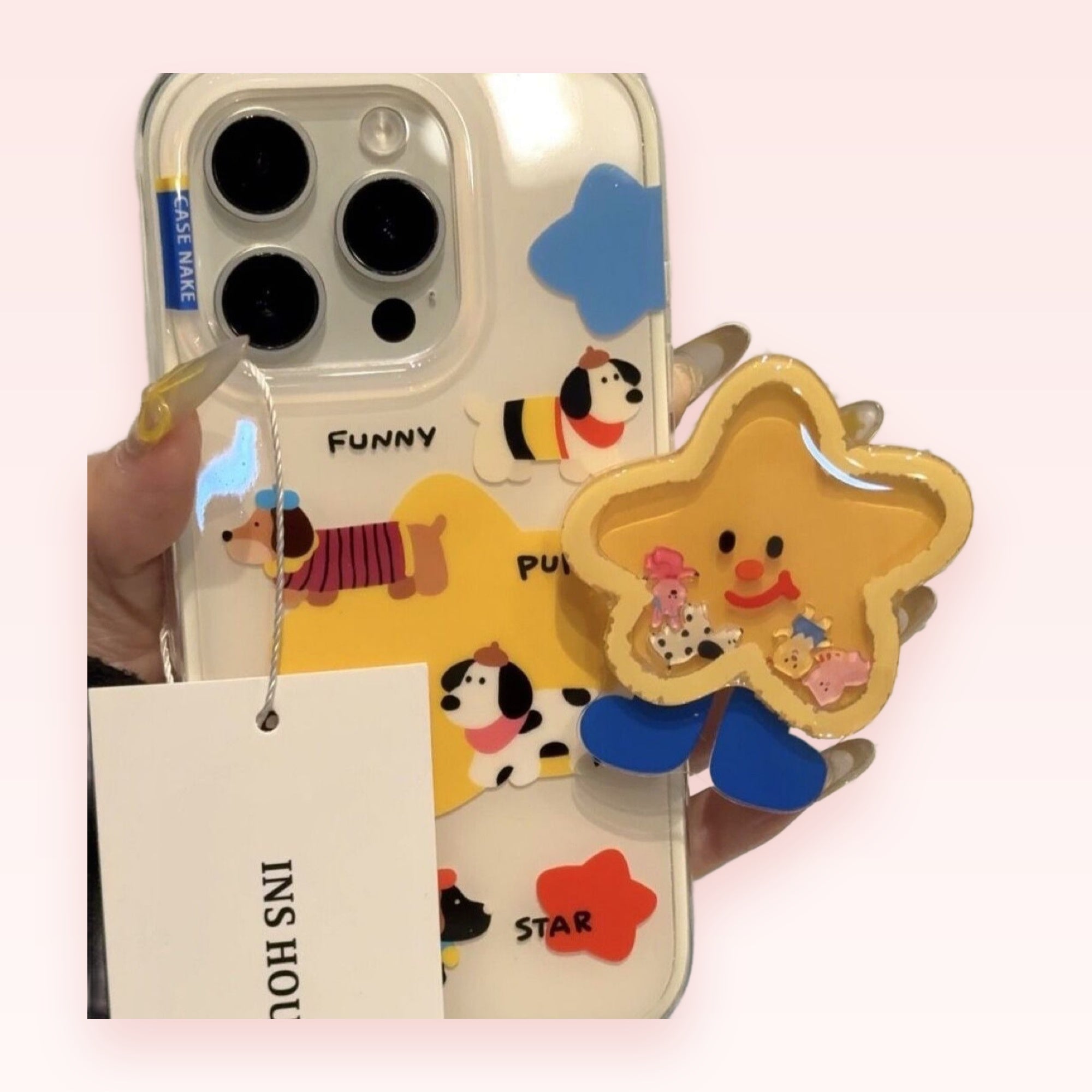 Kawaii Yellow Star Shaker Phone Grip | Cute Cartoon Dog Pop Socket Stand
