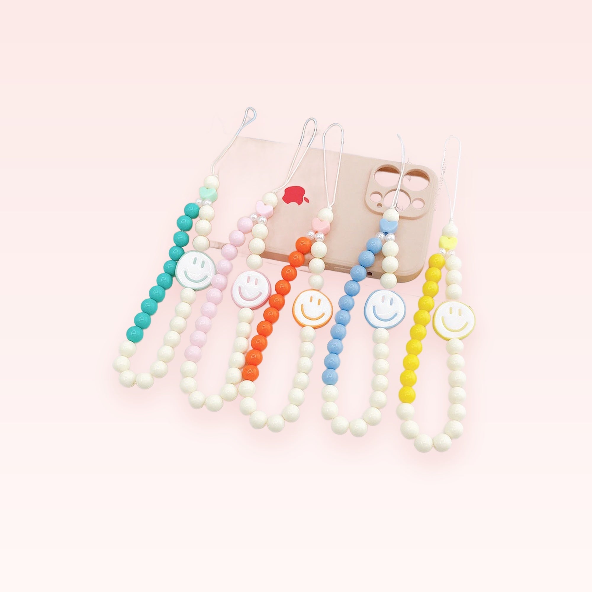 Kawaii Pastel Beaded Smiley Face Phone Charm | Cute Y2K Wrist Strap Lanyard