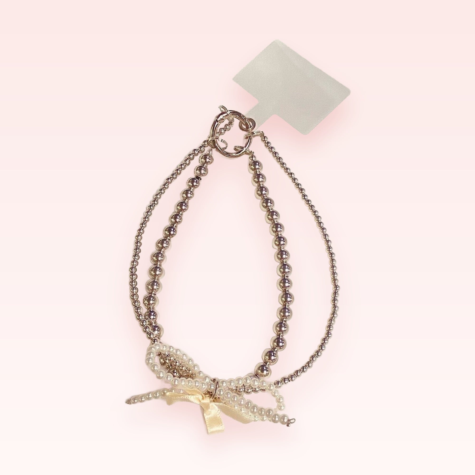 Silver Beaded Phone Charm Strap with Pearl Bow | Aesthetic Wrist Lanyard