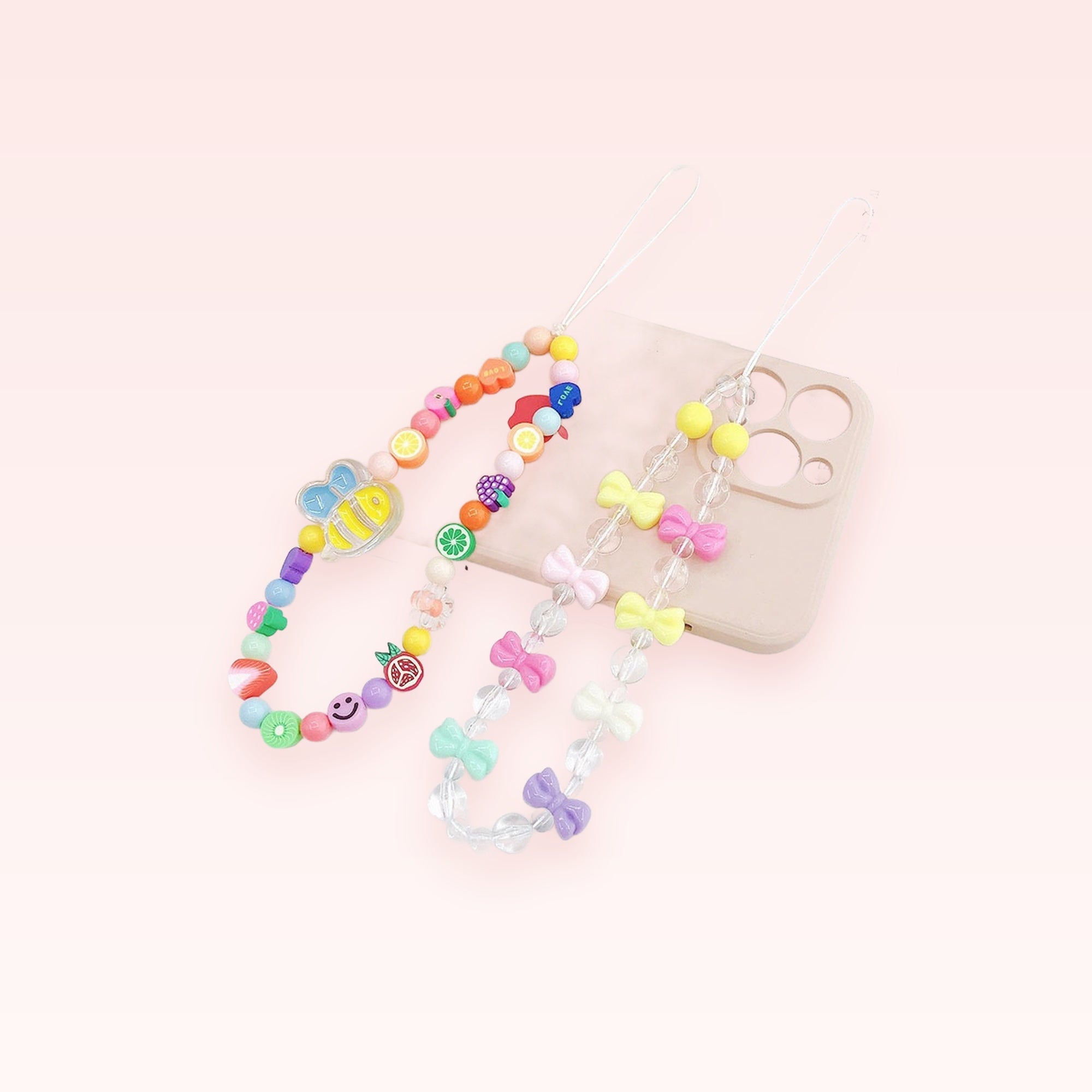 Kawaii Fruit & Bow Phone Charm Strap | Pastel Beaded Wrist Lanyard