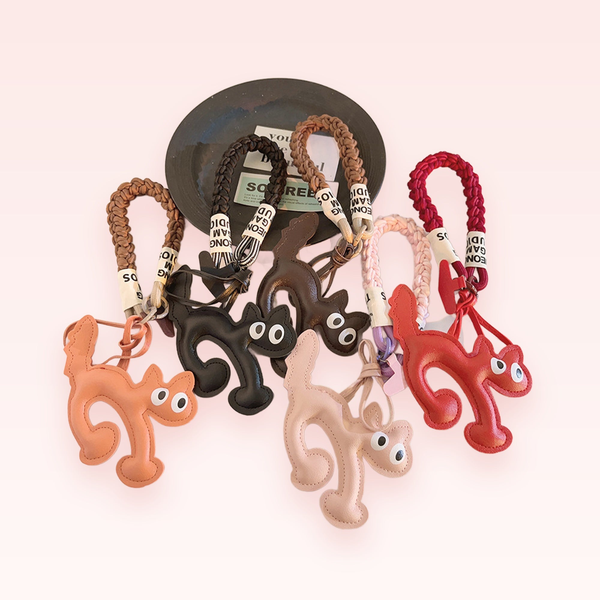 Cute Cat Leather Phone Charm Strap | Kawaii Braided Wrist Lanyard