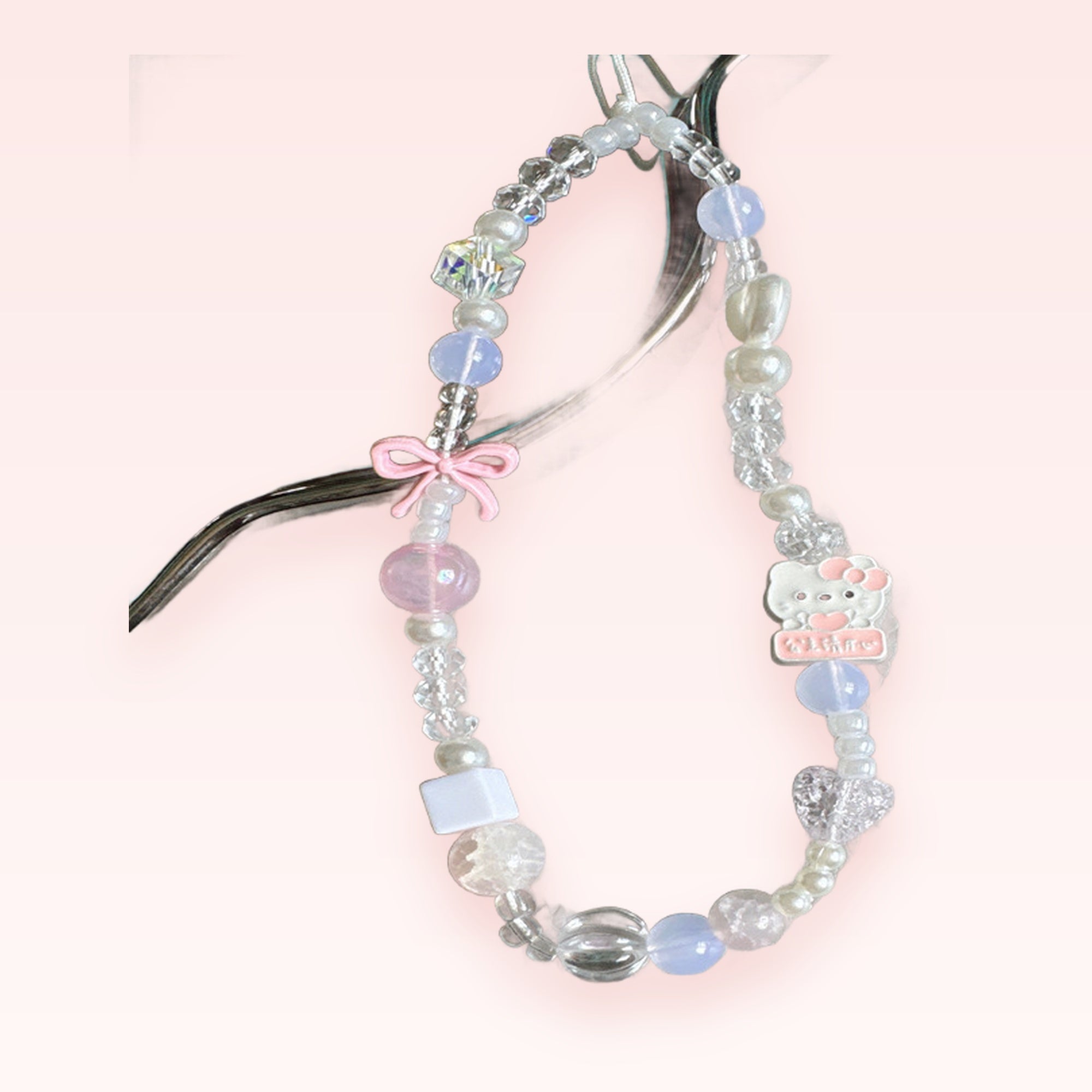 Kawaii Pastel Beaded Phone Charm Strap | Hello Kitty & Bow Wrist Lanyard