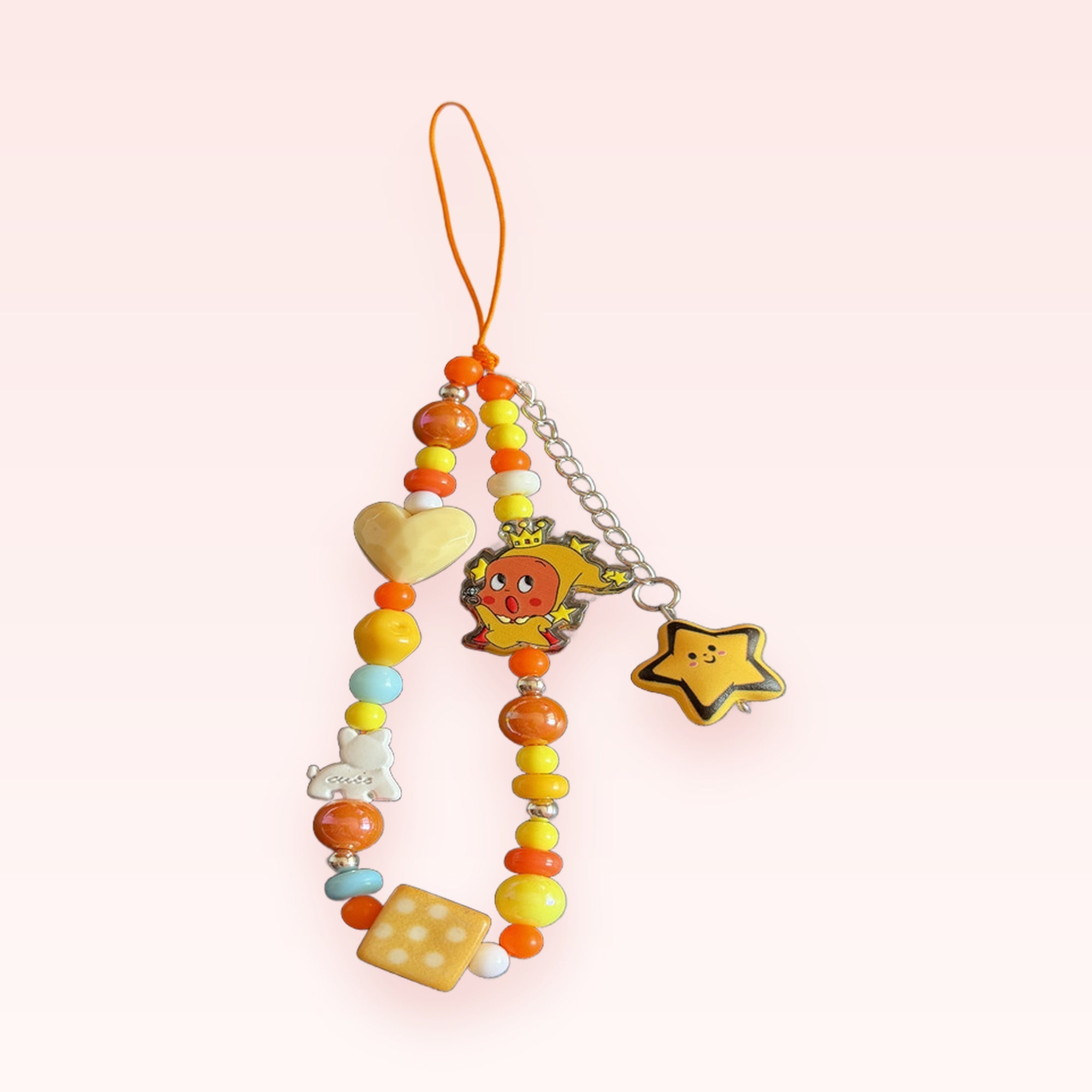 Kawaii Orange & Yellow Beaded Phone Charm Strap | Cute Star & Character Wrist Lanyard