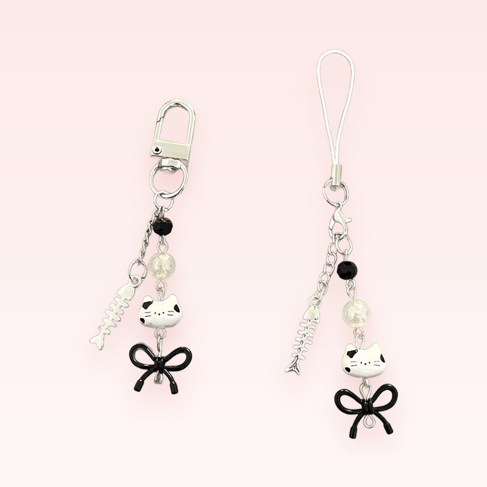 Cute Cat & Fishbone Phone Charm | Black & White Beaded Phone Strap