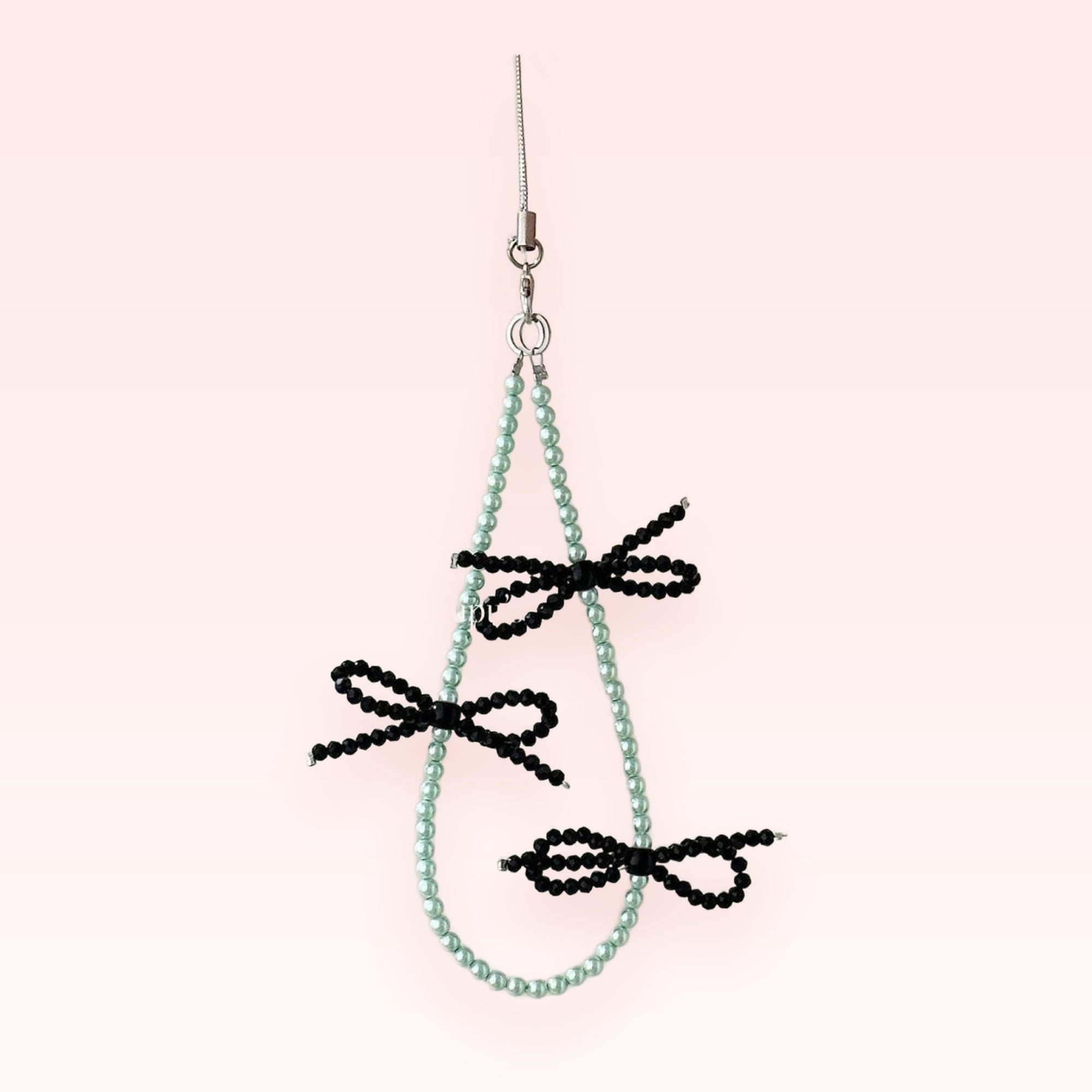 Aesthetic Mint Green Pearl & Black Bow Phone Charm | Cute Beaded Wrist Strap