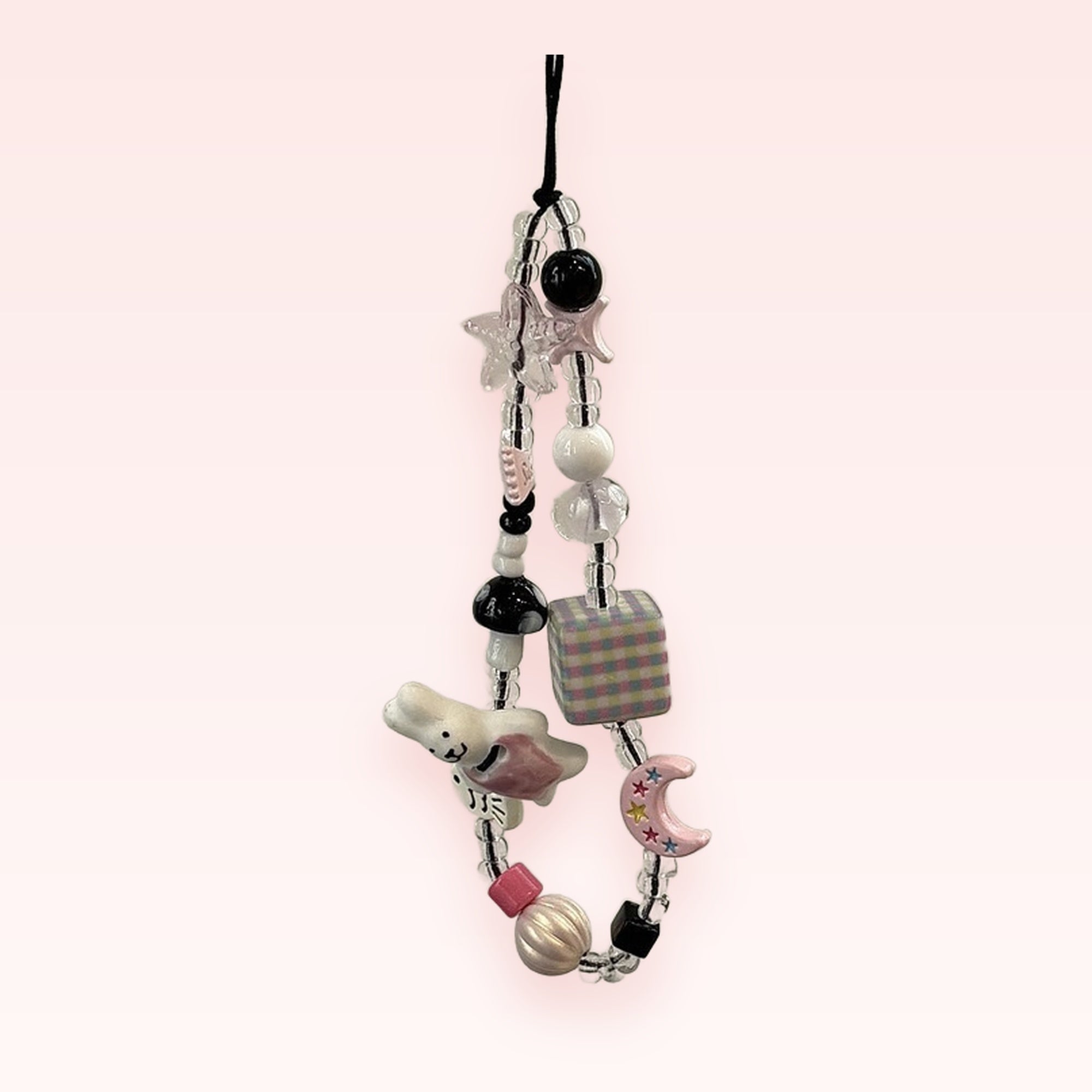 Kawaii Black & White Beaded Phone Charm | Pastel Pink Star & Bunny Wrist Strap
