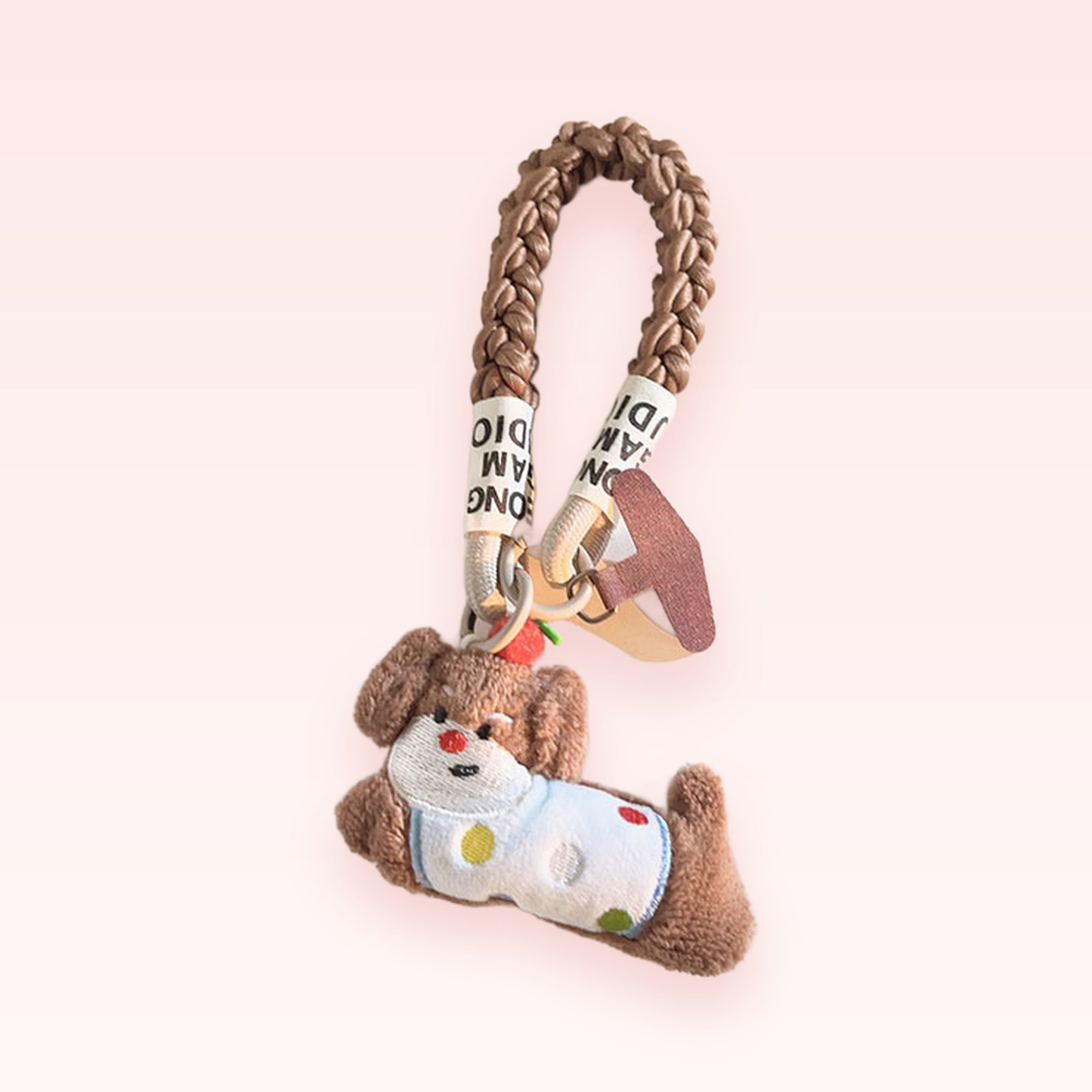 Cute Brown Plush Dog Phone Charm | Braided Wrist Strap Keychain