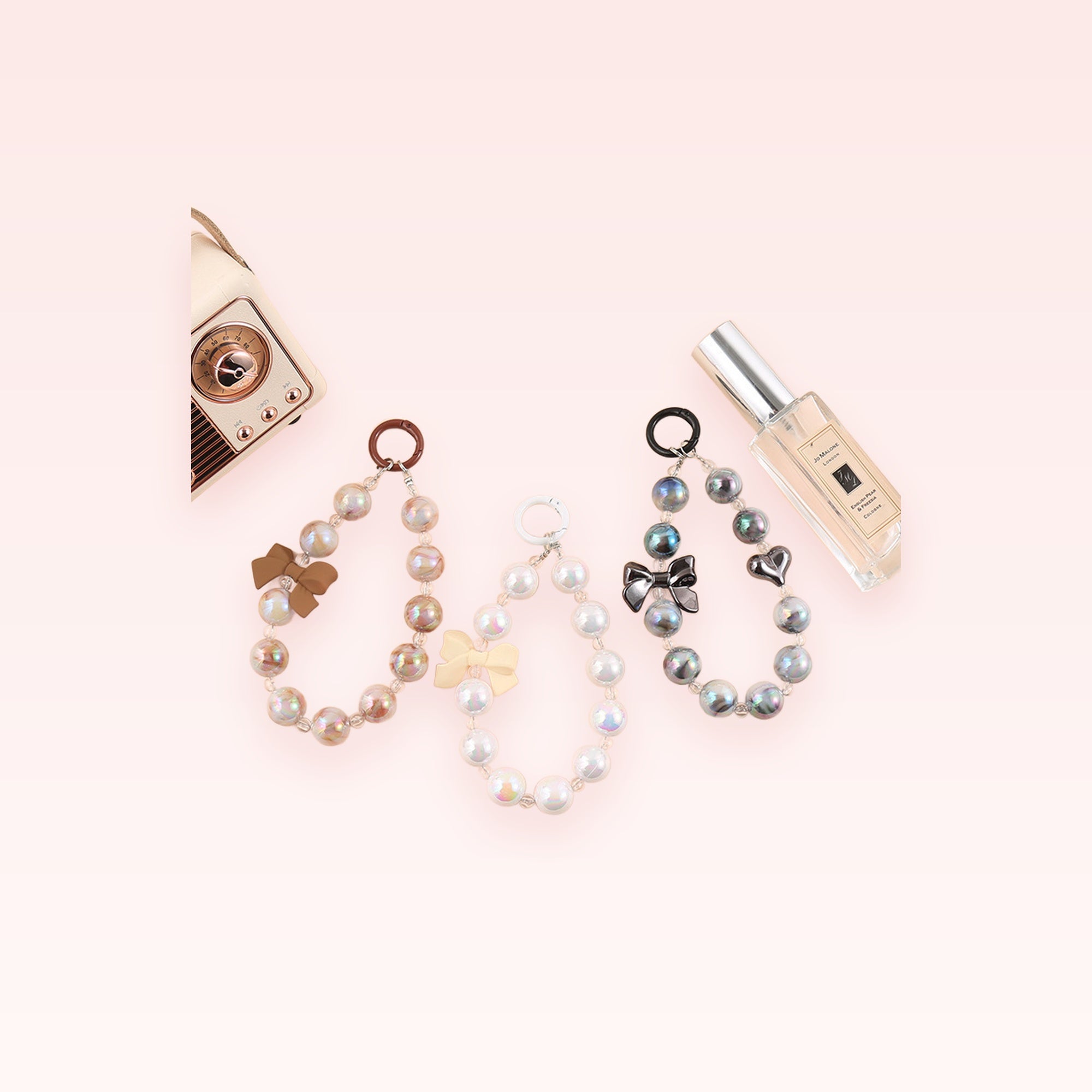 Iridescent Pearl Bead Phone Charm Strap | Cute Bow Wrist Lanyard