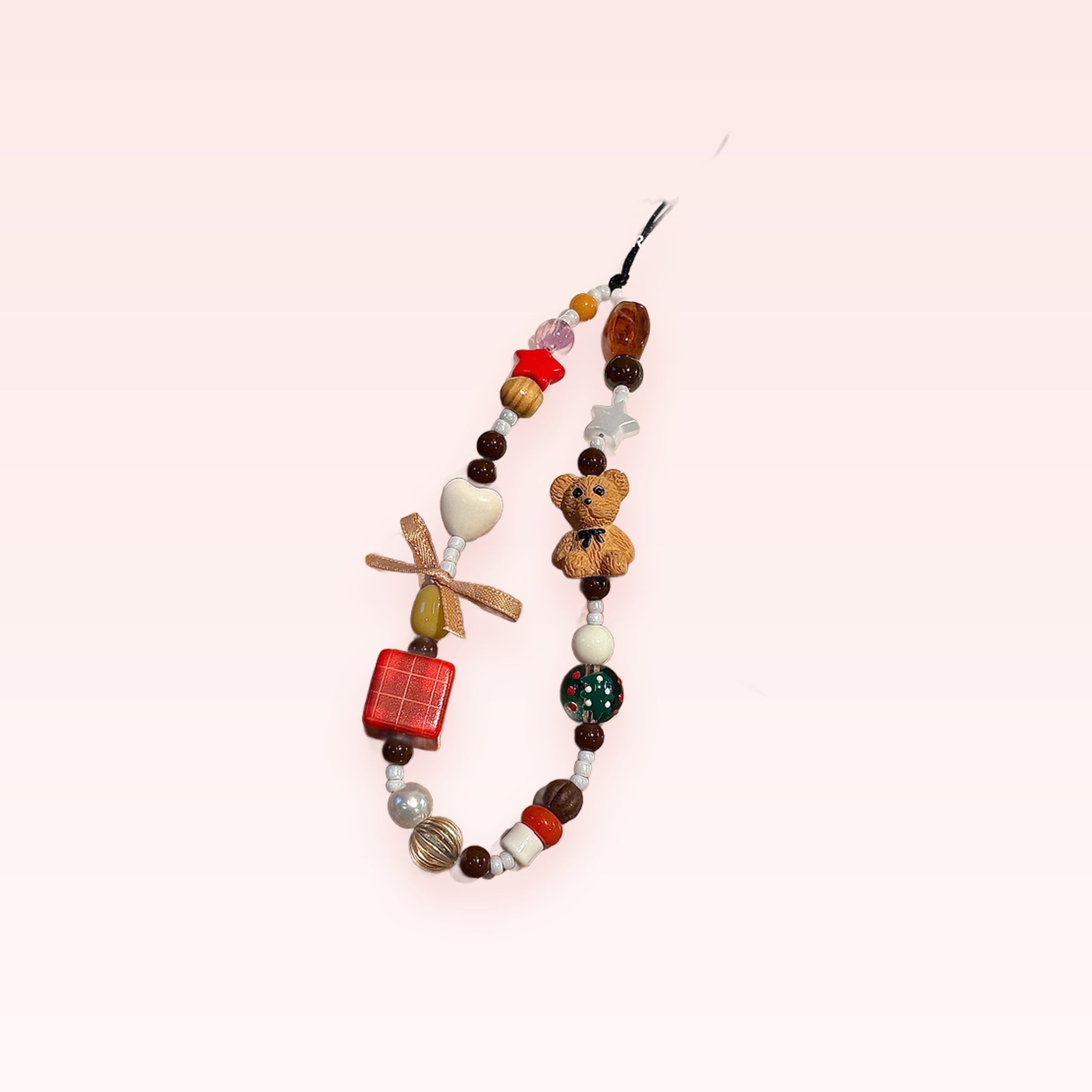 Kawaii Bear & Heart Beaded Phone Charm | Aesthetic Y2K Wrist Lanyard