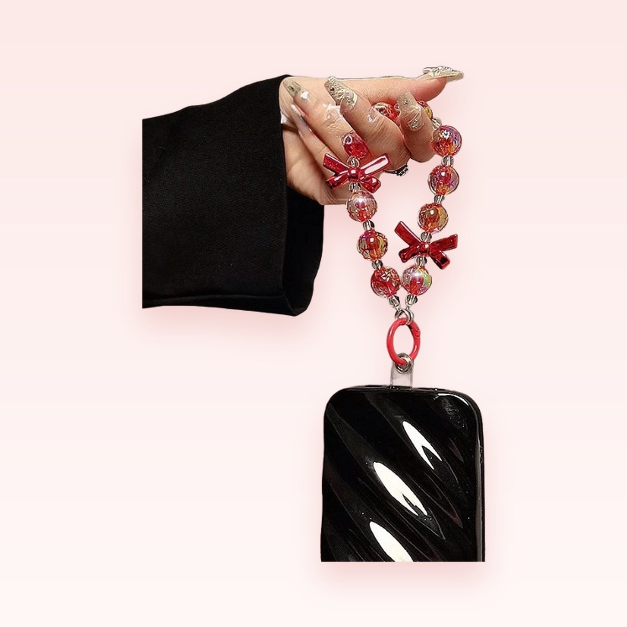 Aesthetic Red Bow & Clear Beaded Phone Charm | Y2K Wrist Strap Lanyard