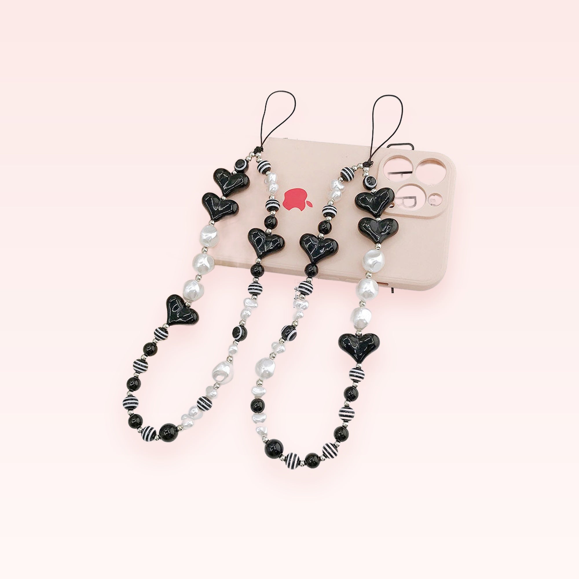 Black Heart & Pearl Phone Charm Strap | Cute Beaded Wrist Lanyard