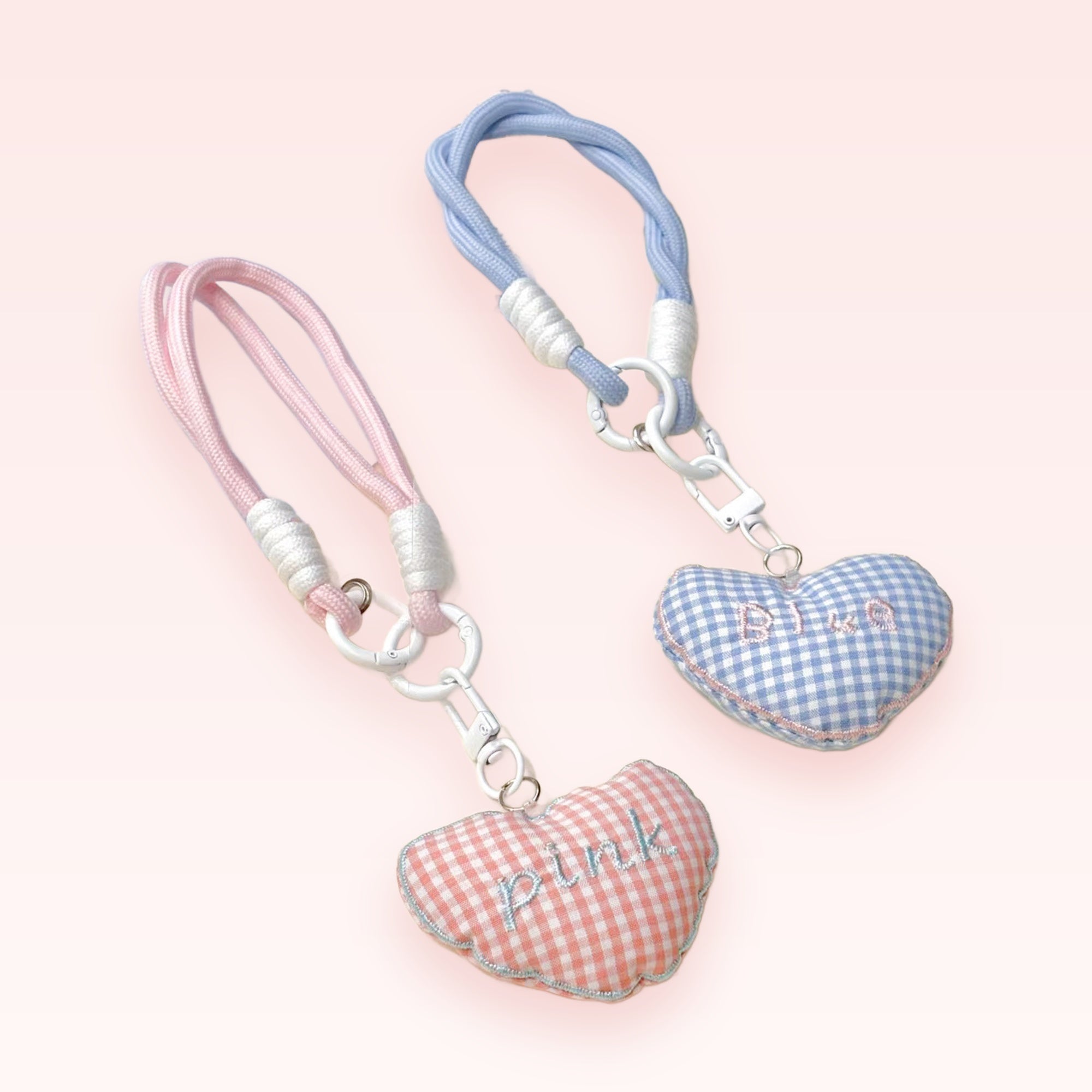 Cute Gingham Heart Phone Charm Wristlet | Pink & Blue Padded Strap