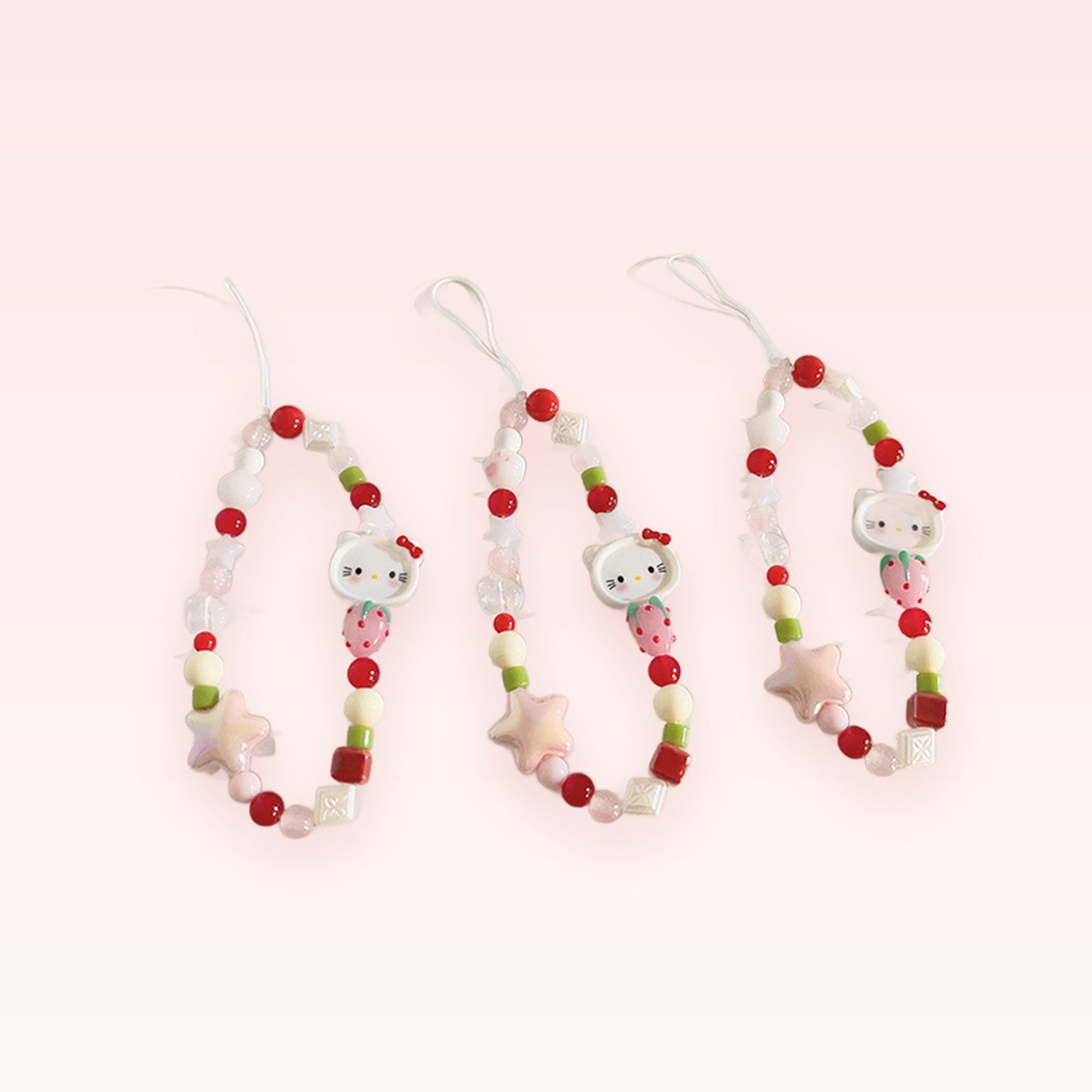 Kawaii Hello Kitty & Strawberry Beaded Phone Charm | Cute Red & Pink Wrist Strap