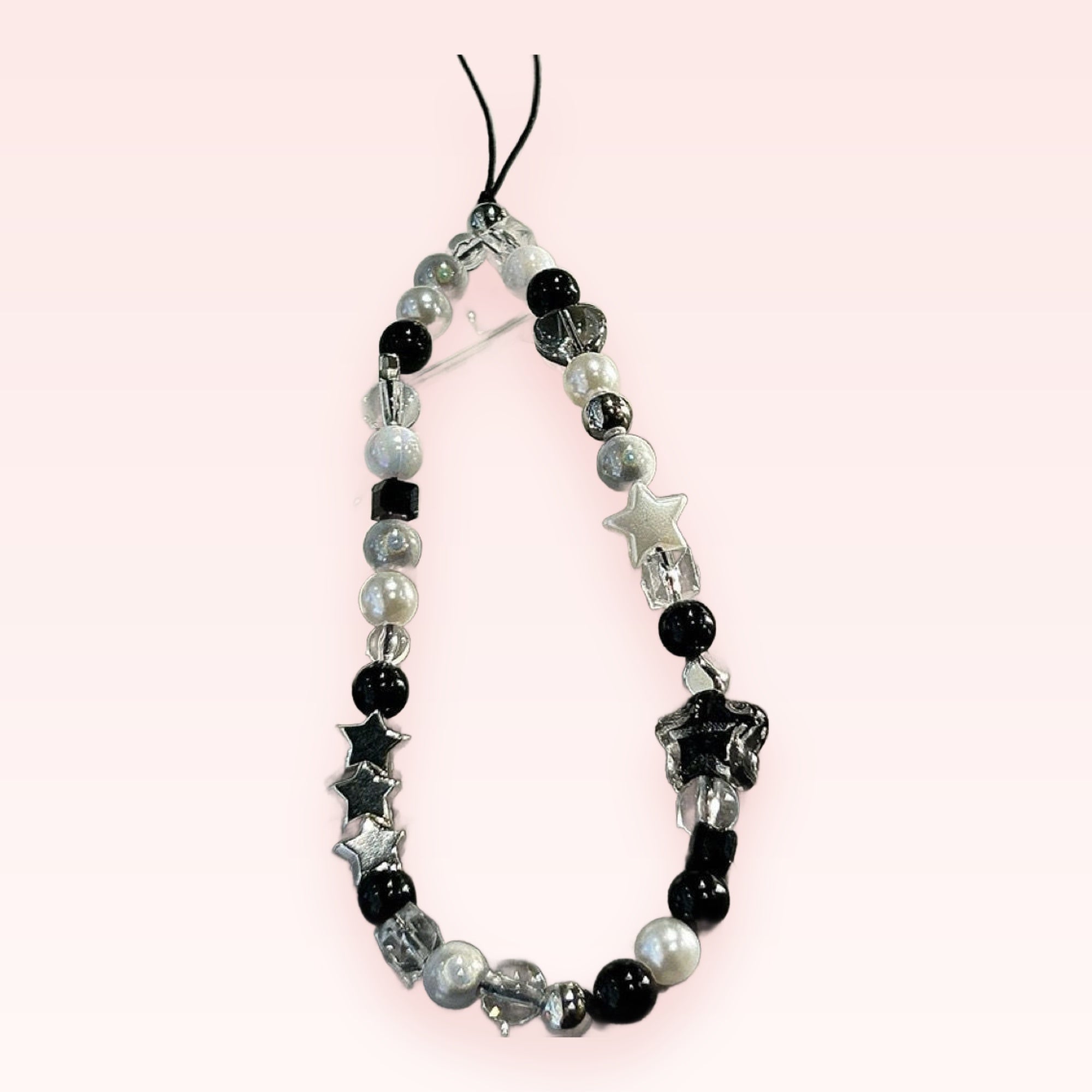 Monochrome Star & Pearl Phone Charm Strap | Aesthetic Beaded Wrist Lanyard