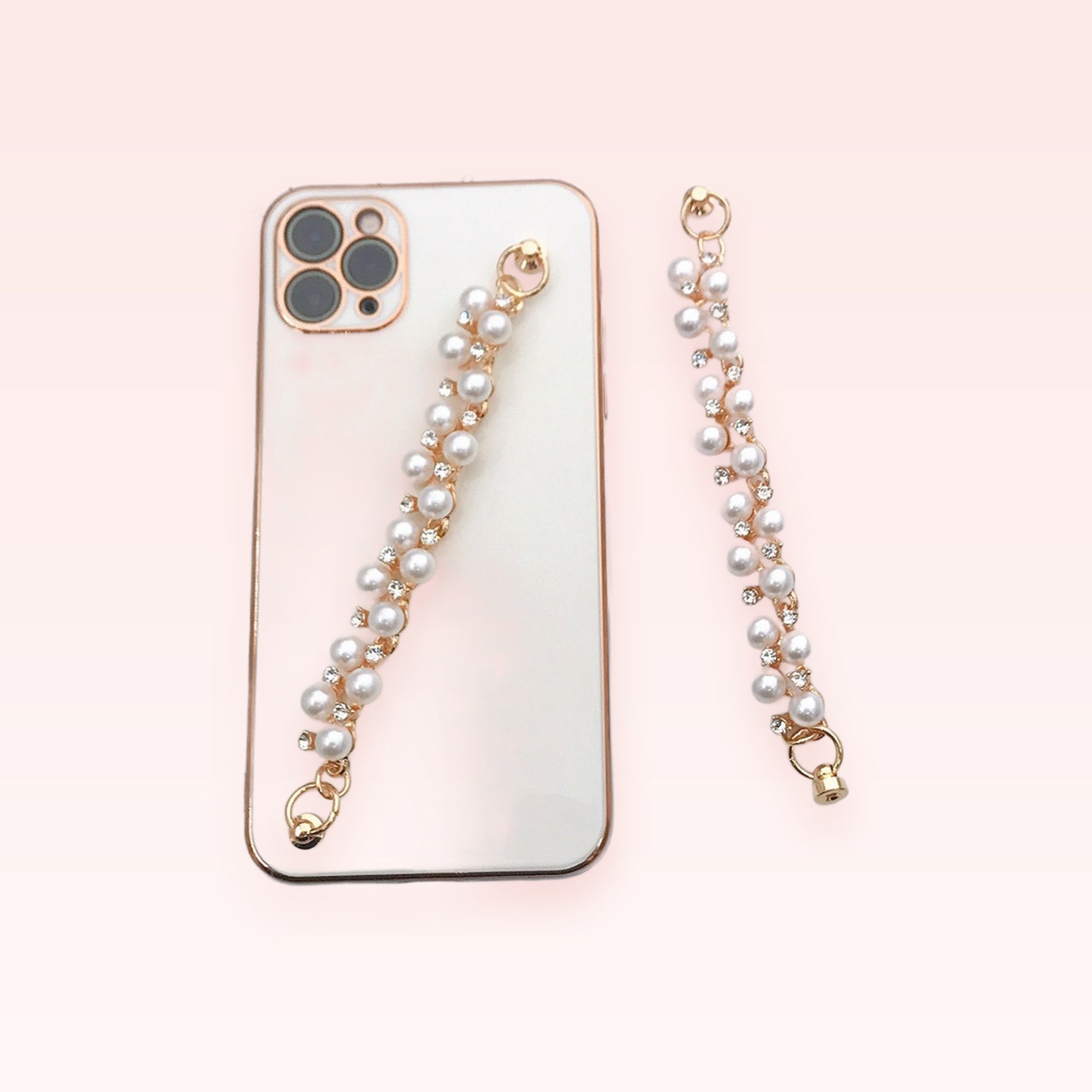 Aesthetic Pearl & Rhinestone Phone Charm Strap | Elegant Gold Beaded Wrist Lanyard