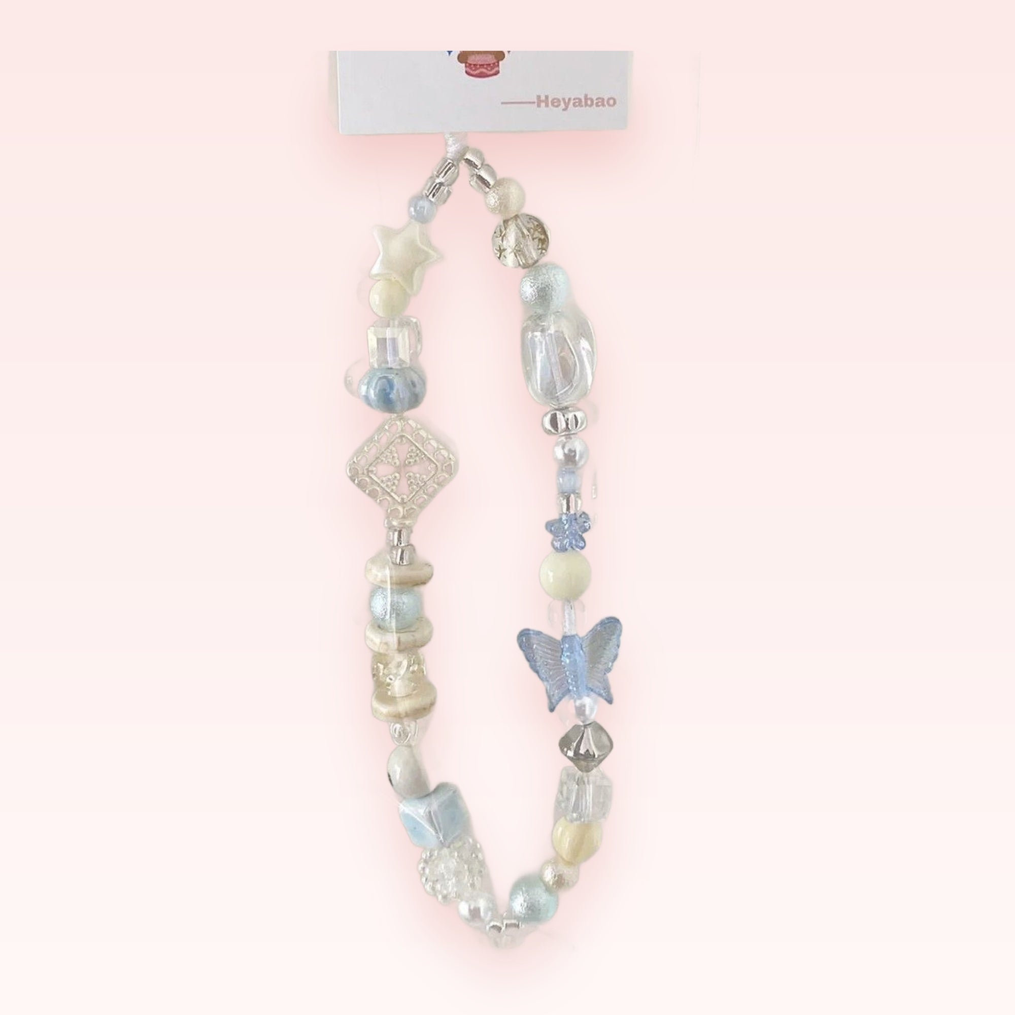 Pastel Blue & White Beaded Phone Charm | Aesthetic Star Butterfly Wrist Strap