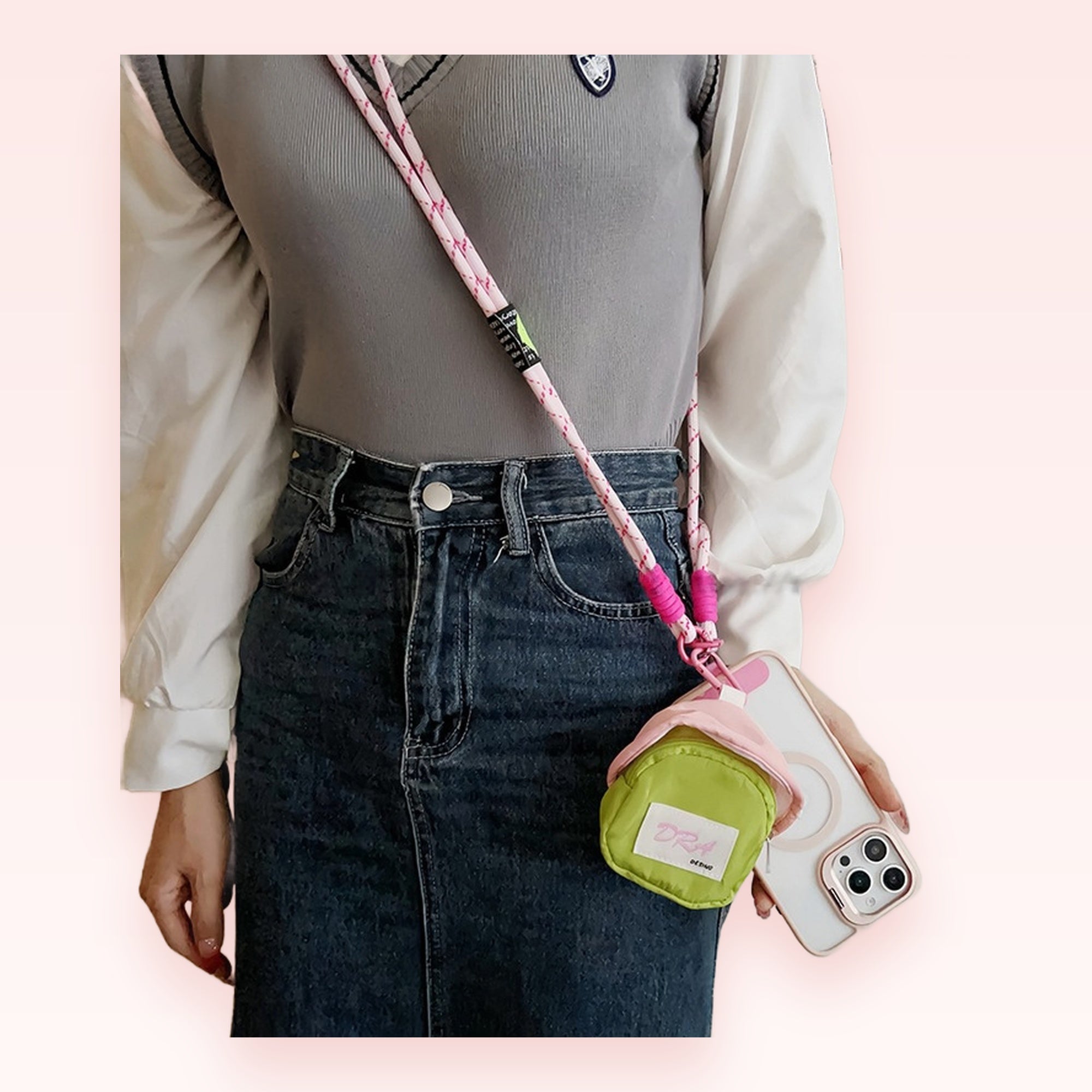 Pink & White Rope Phone Lanyard with Mini Green Pouch | Aesthetic Crossbody Phone Strap