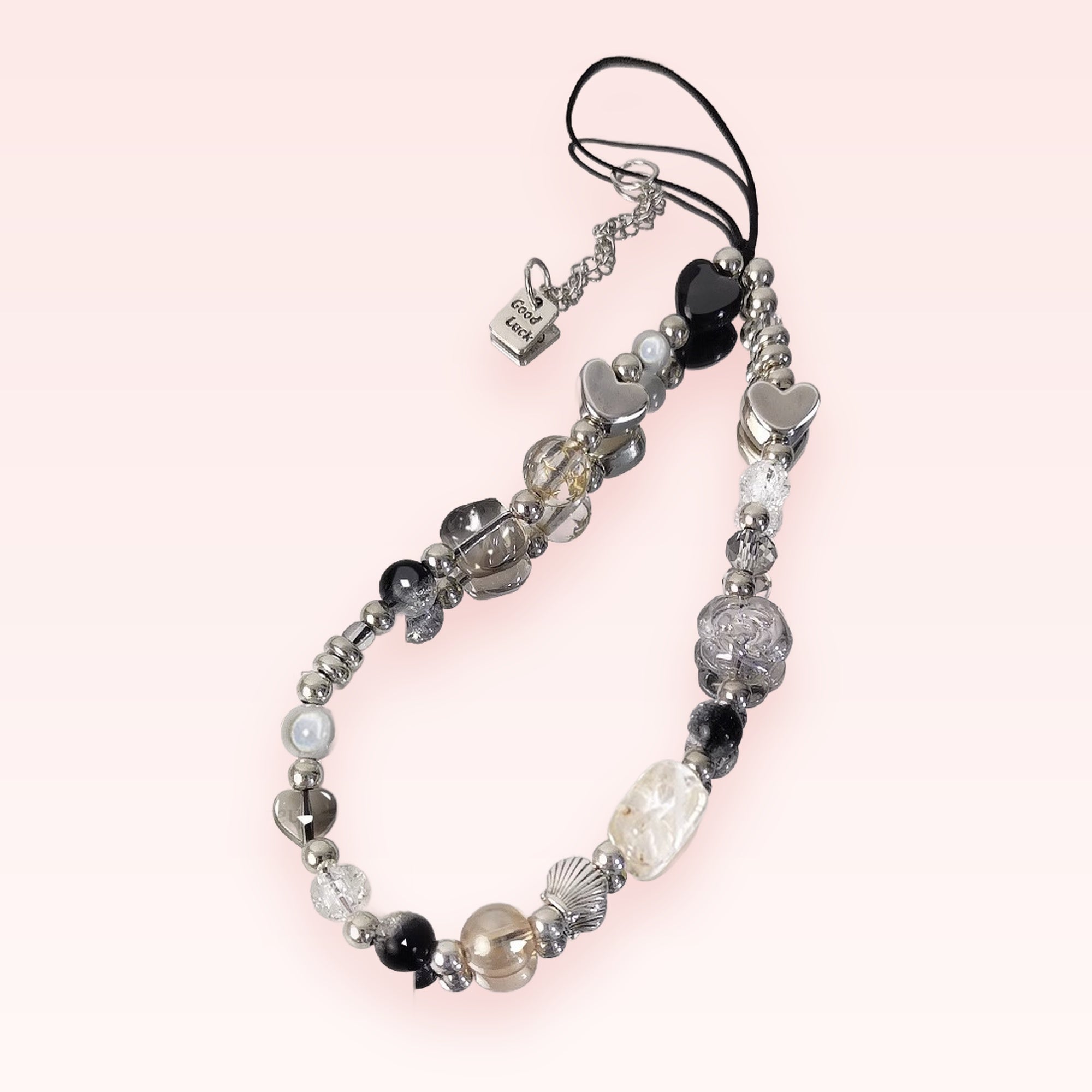 Aesthetic Silver & Black Heart Phone Charm | Beaded Wrist Strap with "Good Luck" Charm
