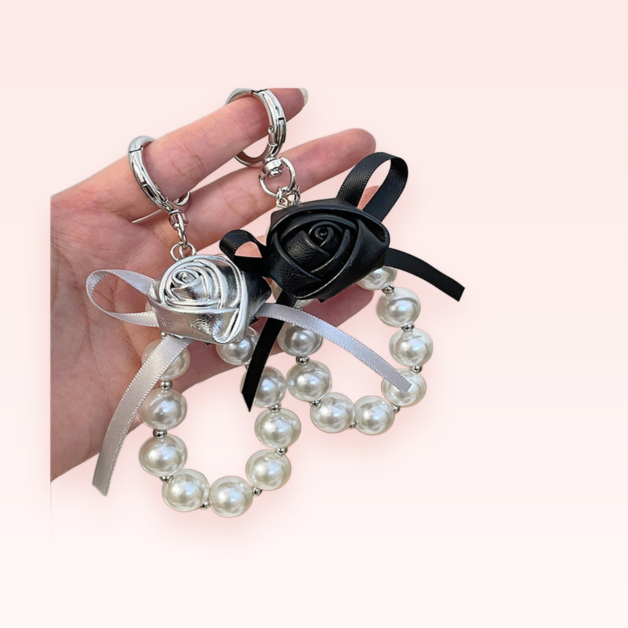 Aesthetic Black & Silver Rose Pearl Phone Charm | Cute Beaded Wrist Strap