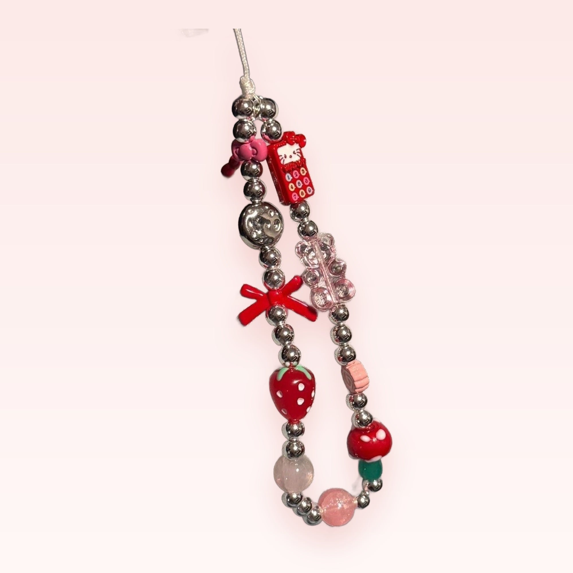 Y2K Silver Beaded Phone Charm with Hello Kitty Phone & Strawberry Charms | Kawaii Wrist Strap