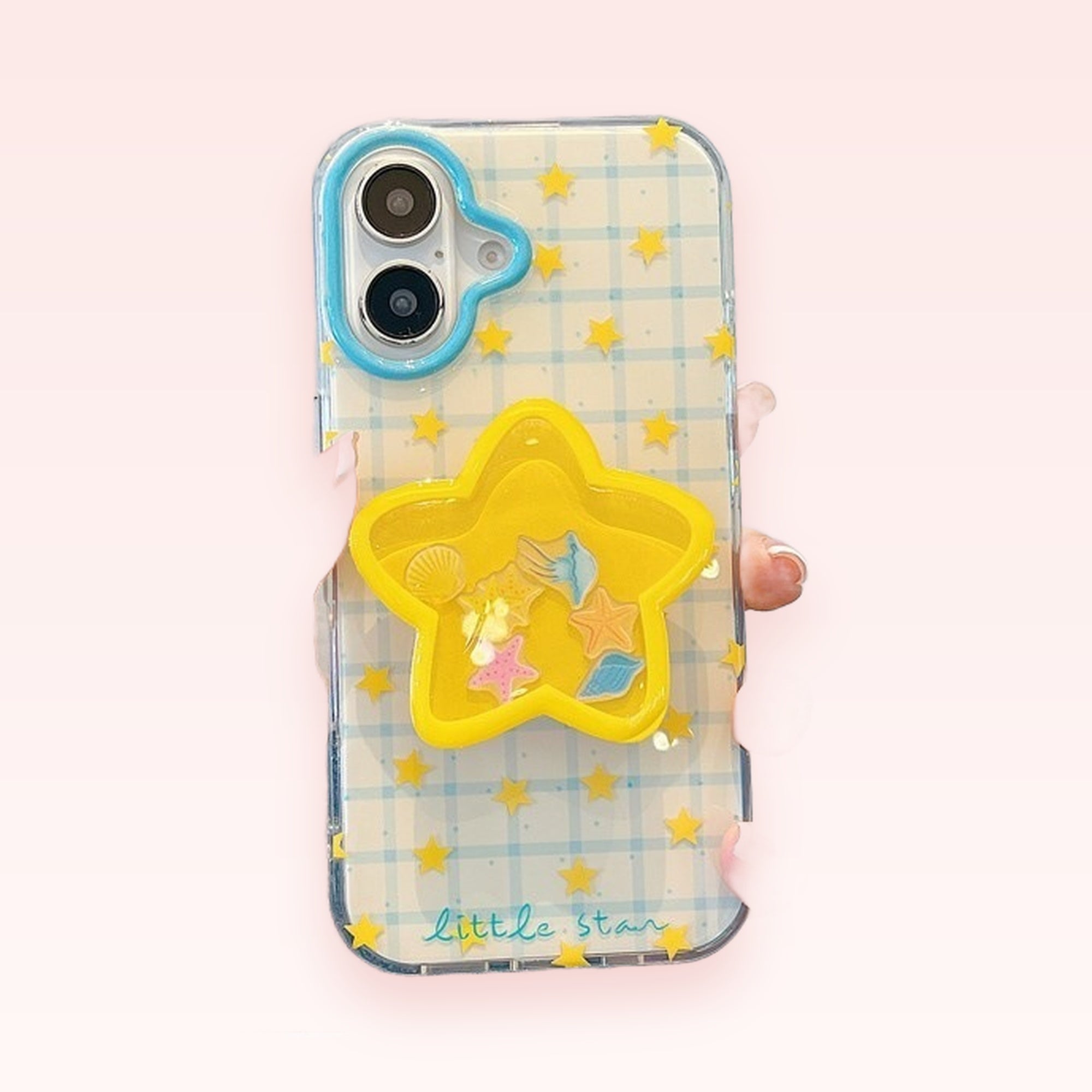 Cute Yellow Star Shaker Phone Grip | Kawaii Clear Plaid Pop Socket Stand