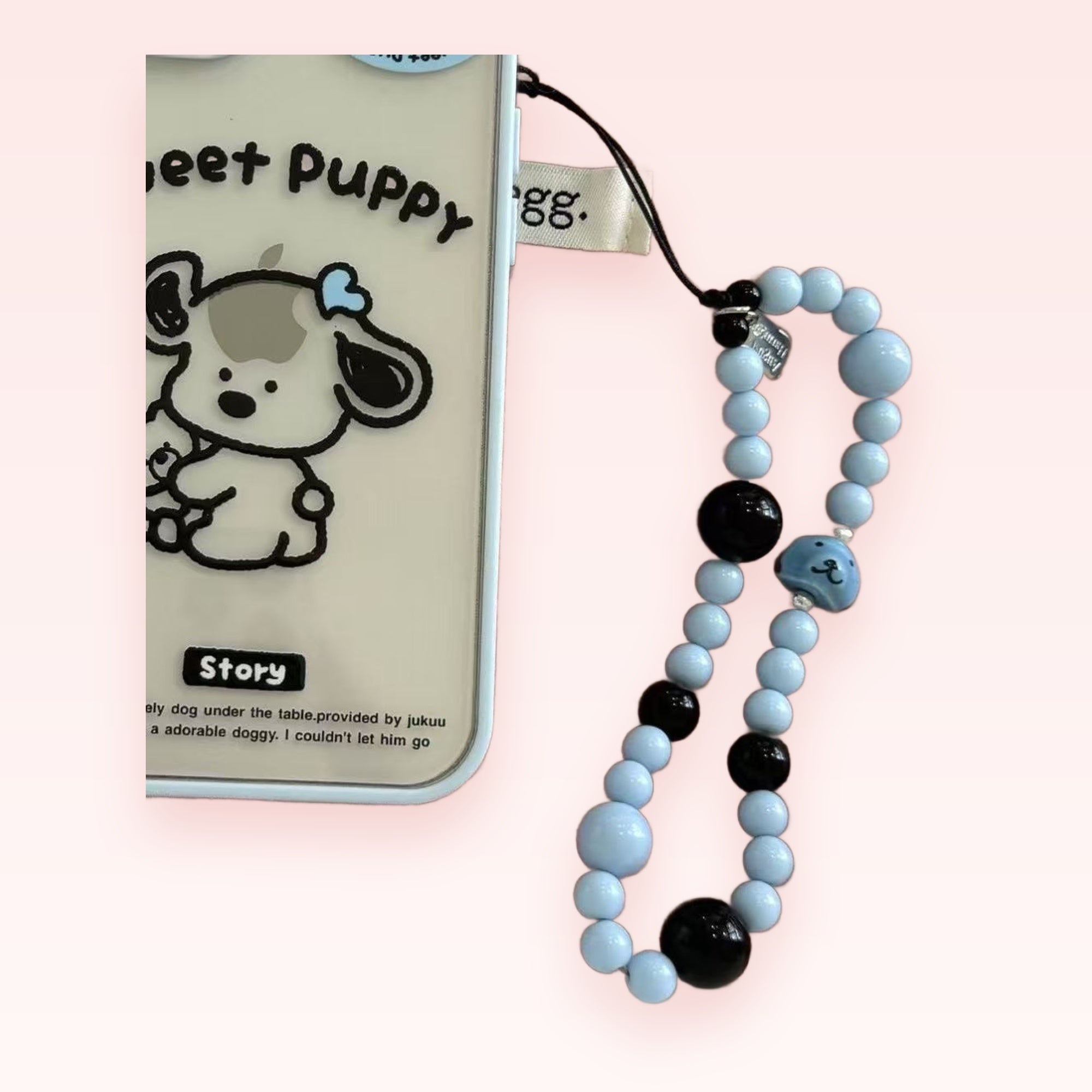 Kawaii Blue & Black Beaded Phone Charm Strap | Cute Puppy Dog Wrist Lanyard