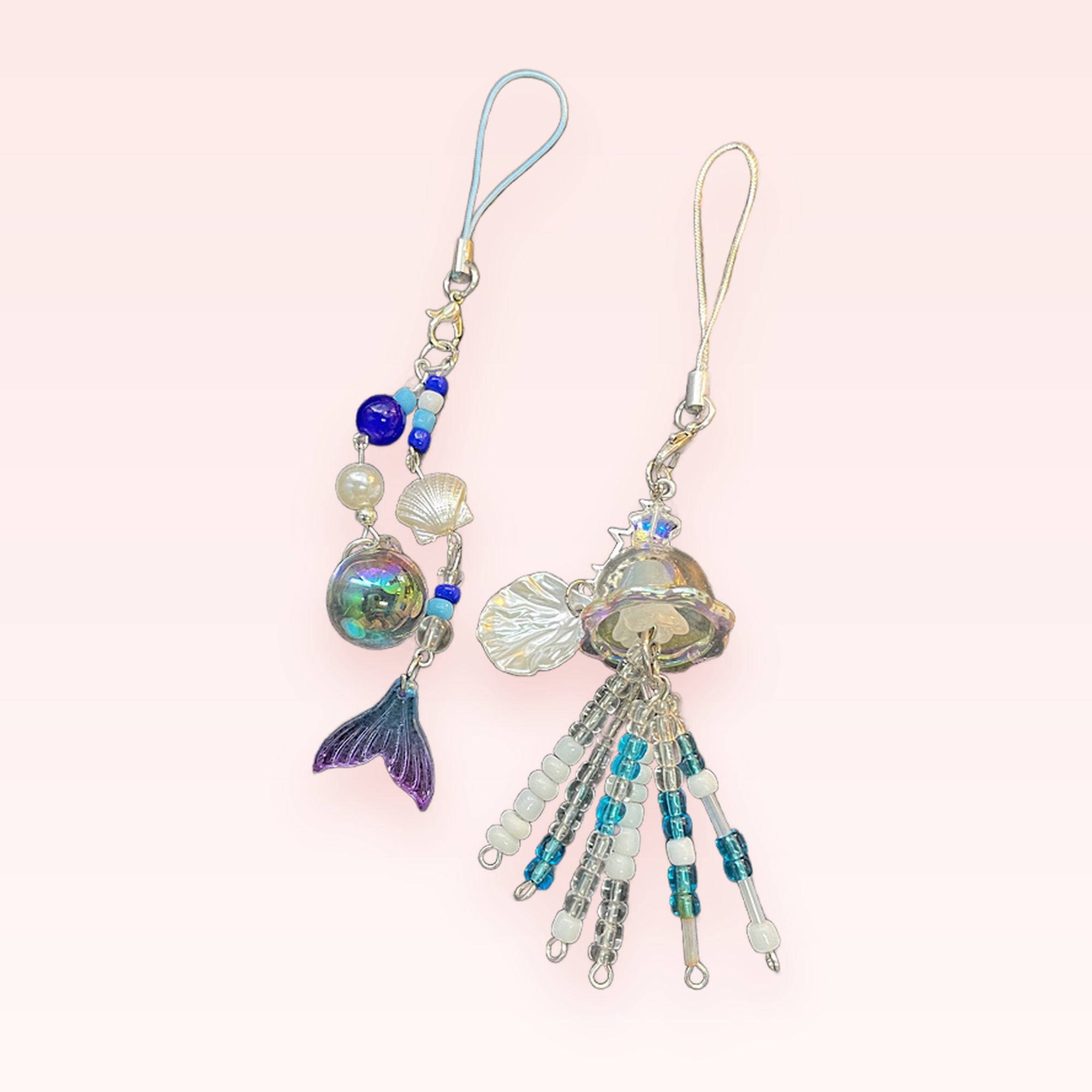Aesthetic Mermaid & Jellyfish Phone Charm | Ocean Blue Beaded Strap