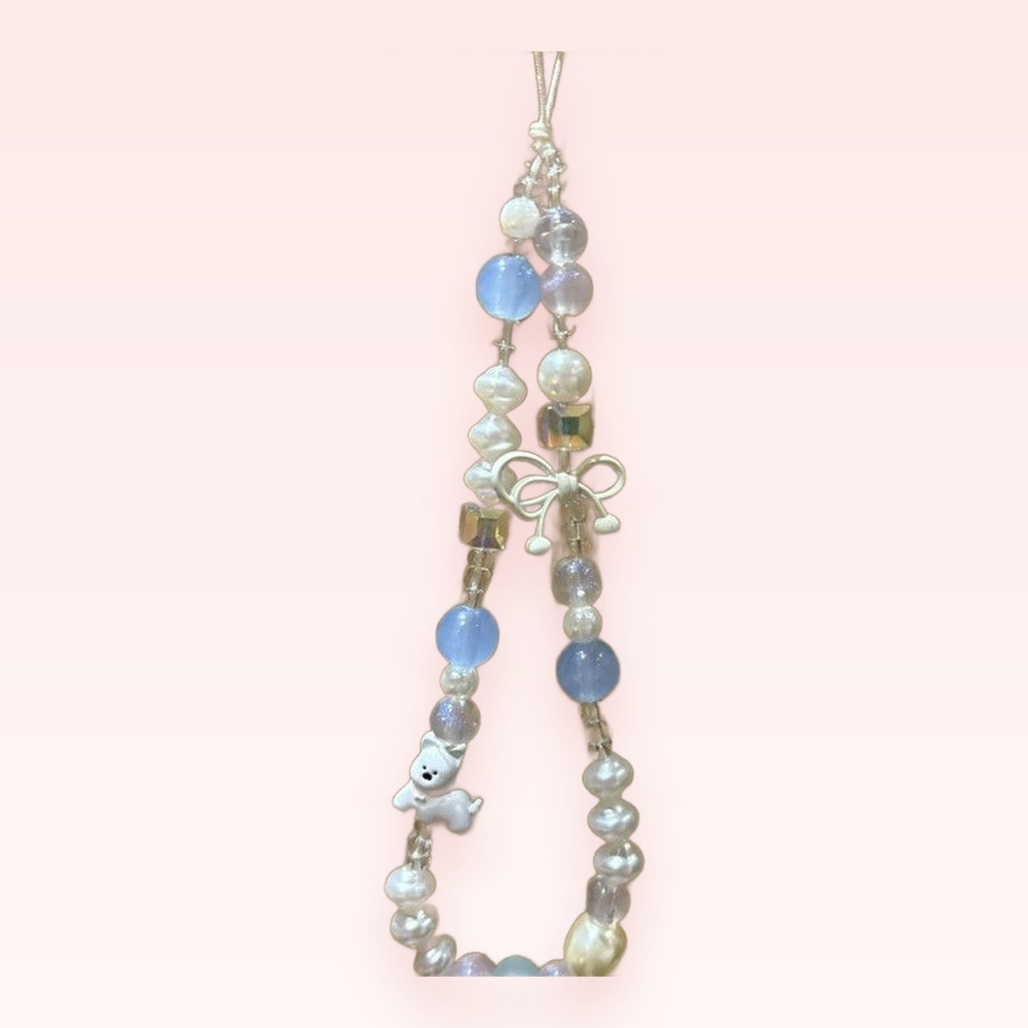 Kawaii Pearl & Blue Beaded Phone Charm | Cute Puppy & Bow Wrist Strap
