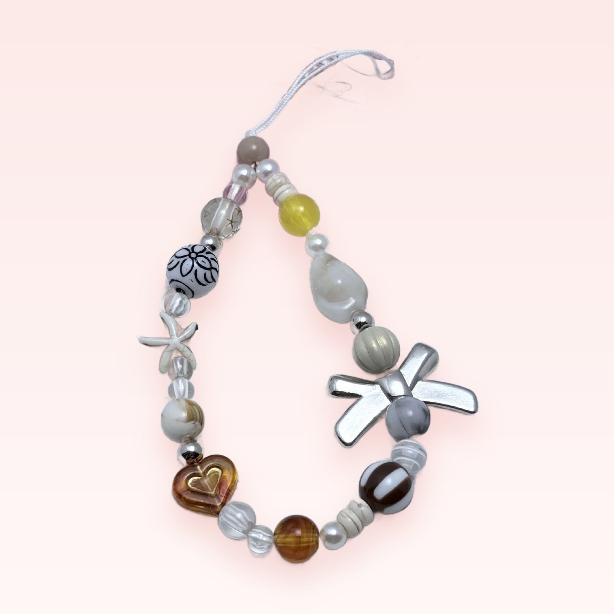 Aesthetic Beaded Phone Charm Strap with Starfish & Heart | Y2K Pastel Wrist Lanyard