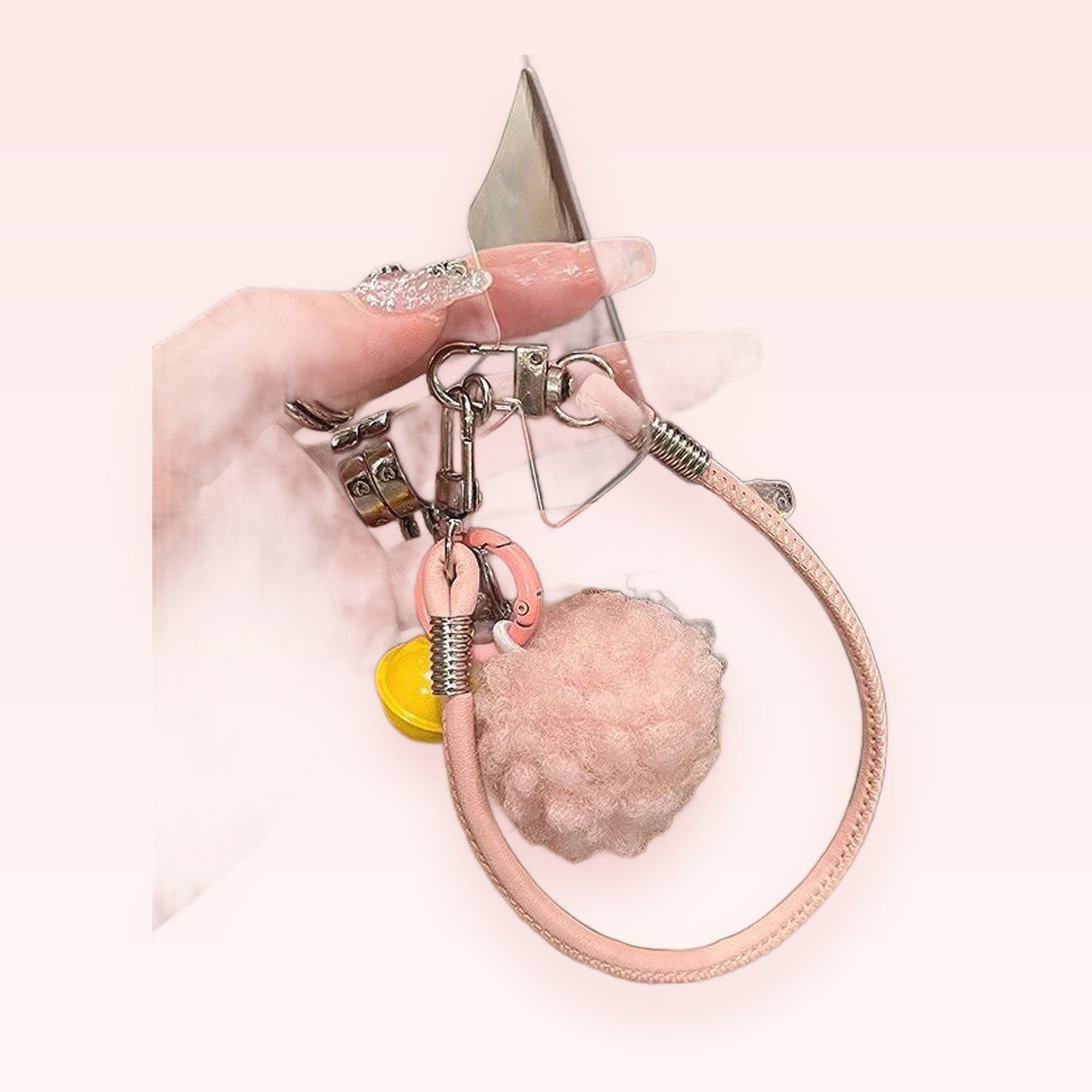 Pink Pompom & Yellow Charm Phone Wrist Strap | Cute Aesthetic Lanyard Keychain