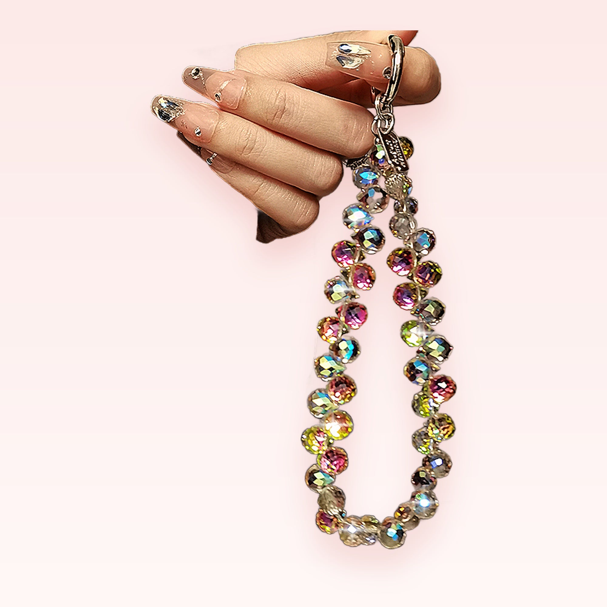 Iridescent Crystal Beaded Phone Charm Strap | Aesthetic Shimmering Wrist Lanyard