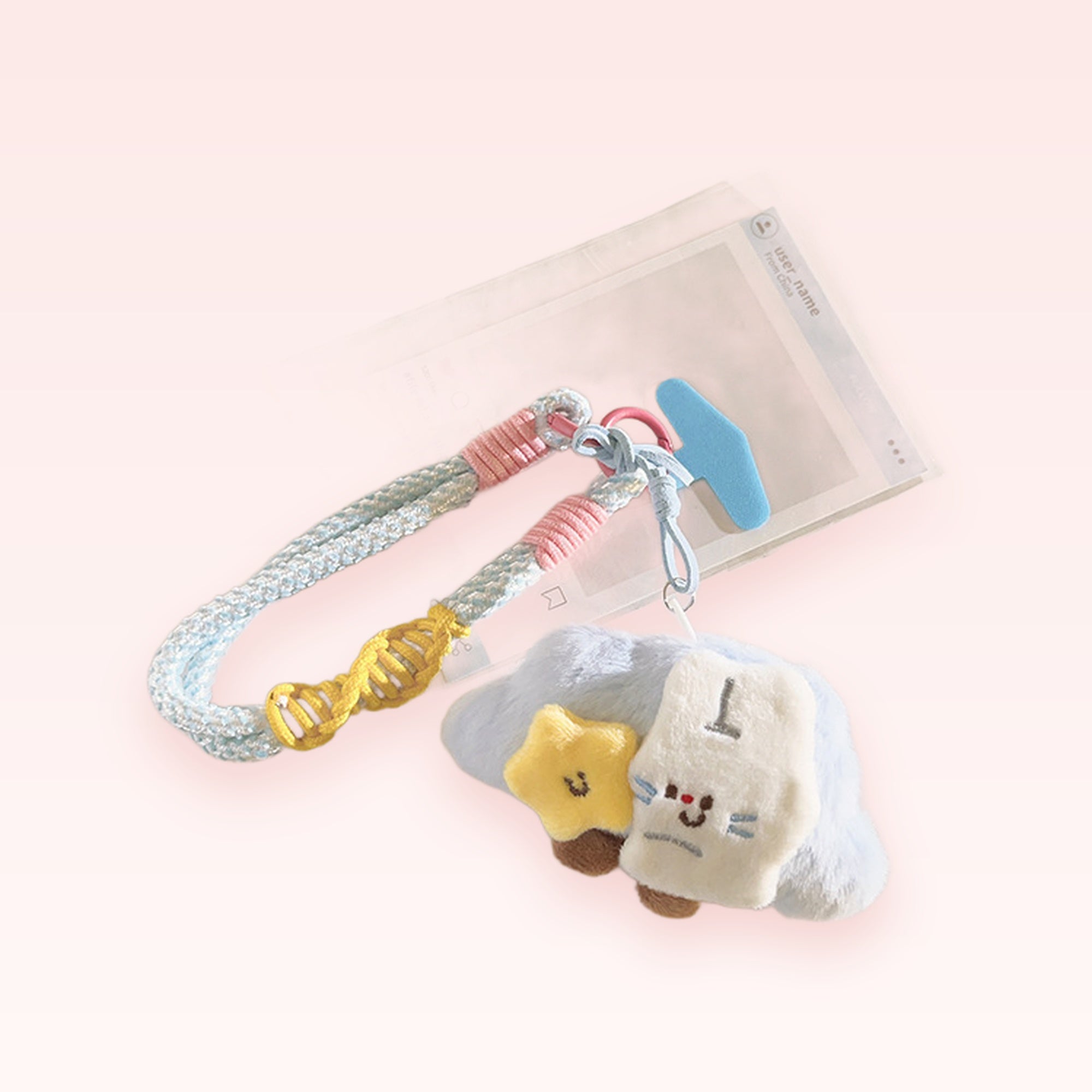 Kawaii Plush Cat & Star Phone Charm Strap | Pastel Blue Braided Wrist Lanyard