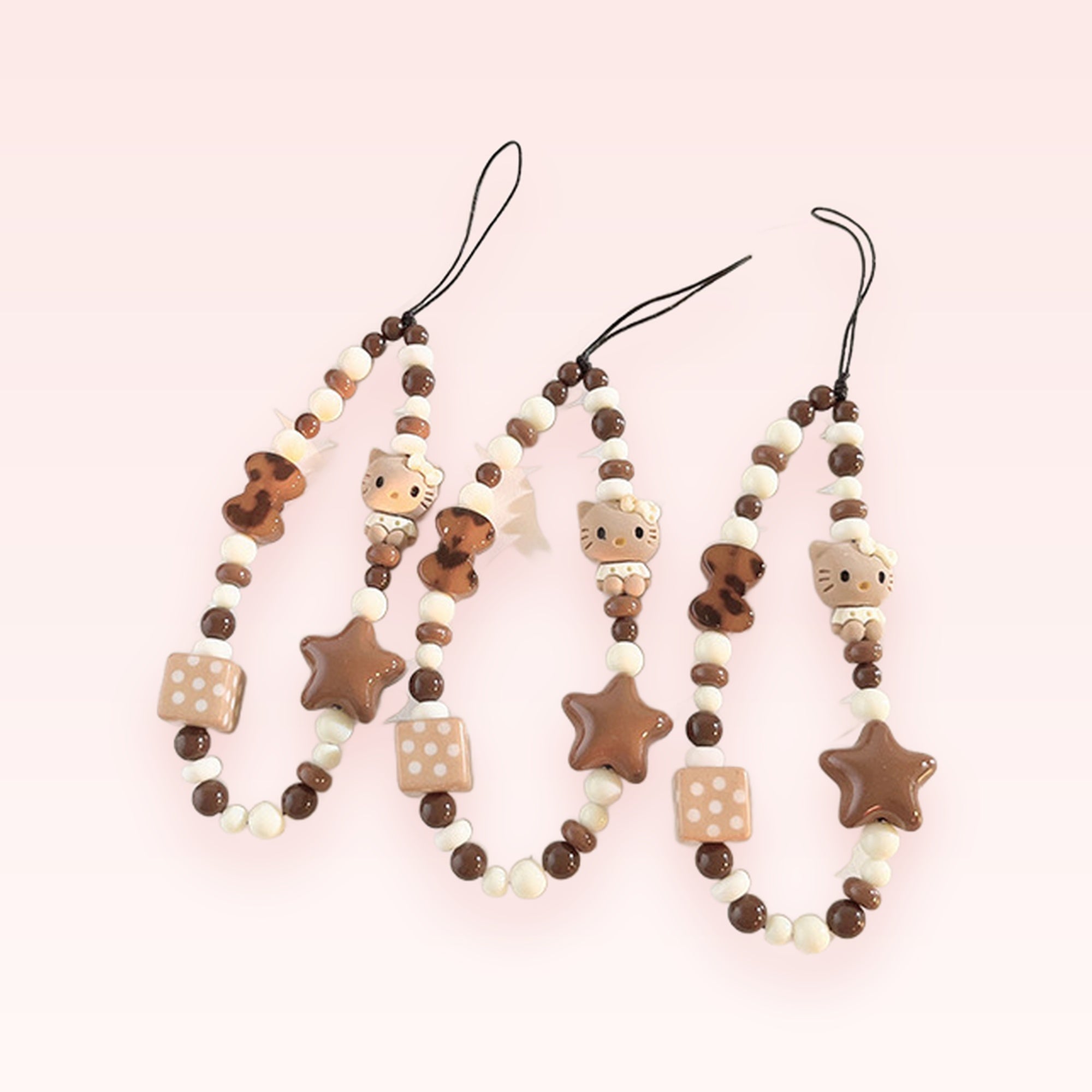 Cute Brown & Cream Beaded Hello Kitty Phone Charm | Aesthetic Star & Dice Wrist Strap